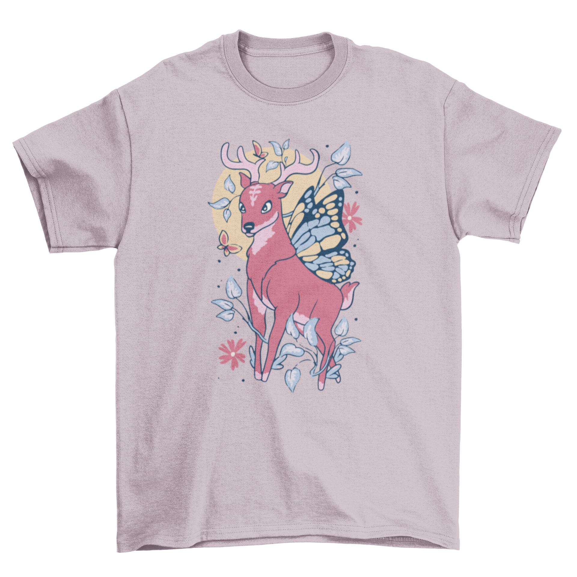 A whimsical t-shirt featuring a fairy deer with wings surrounded by colorful floral elements, perfect for nature lovers.