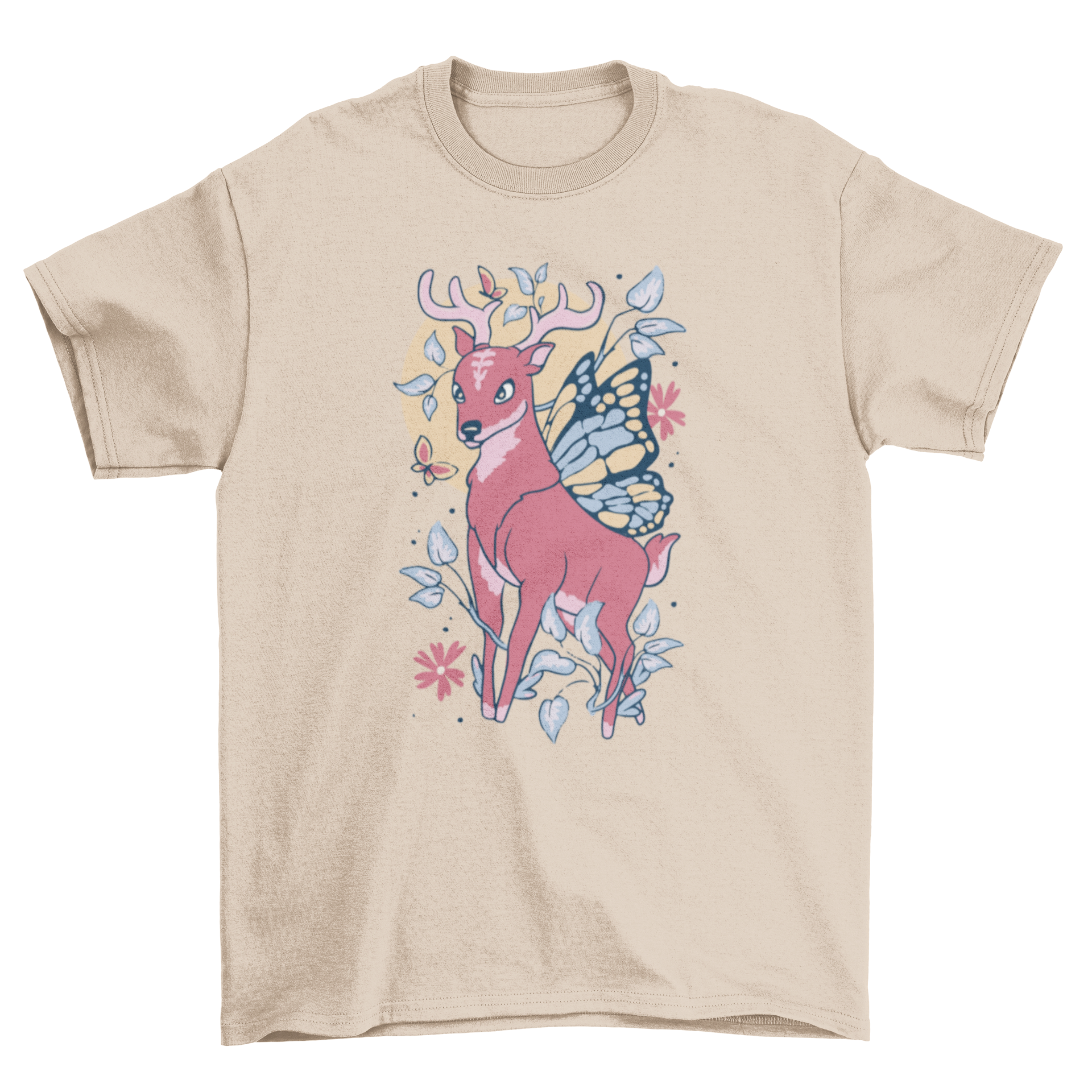 A whimsical t-shirt featuring a fairy deer with wings surrounded by colorful floral elements, perfect for nature lovers.