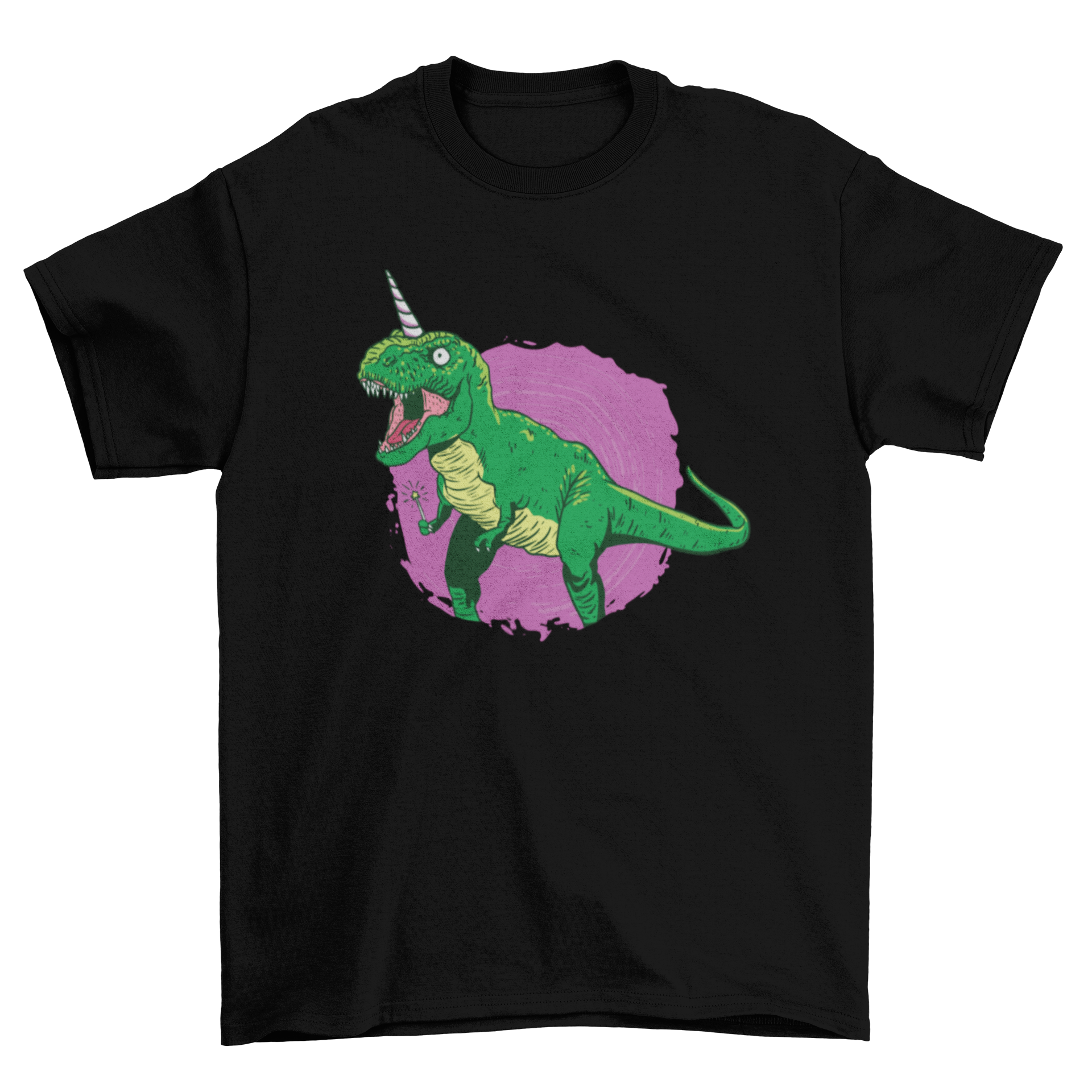 A colorful t-shirt featuring a dinosaur unicorn holding a magic wand, perfect for kids.