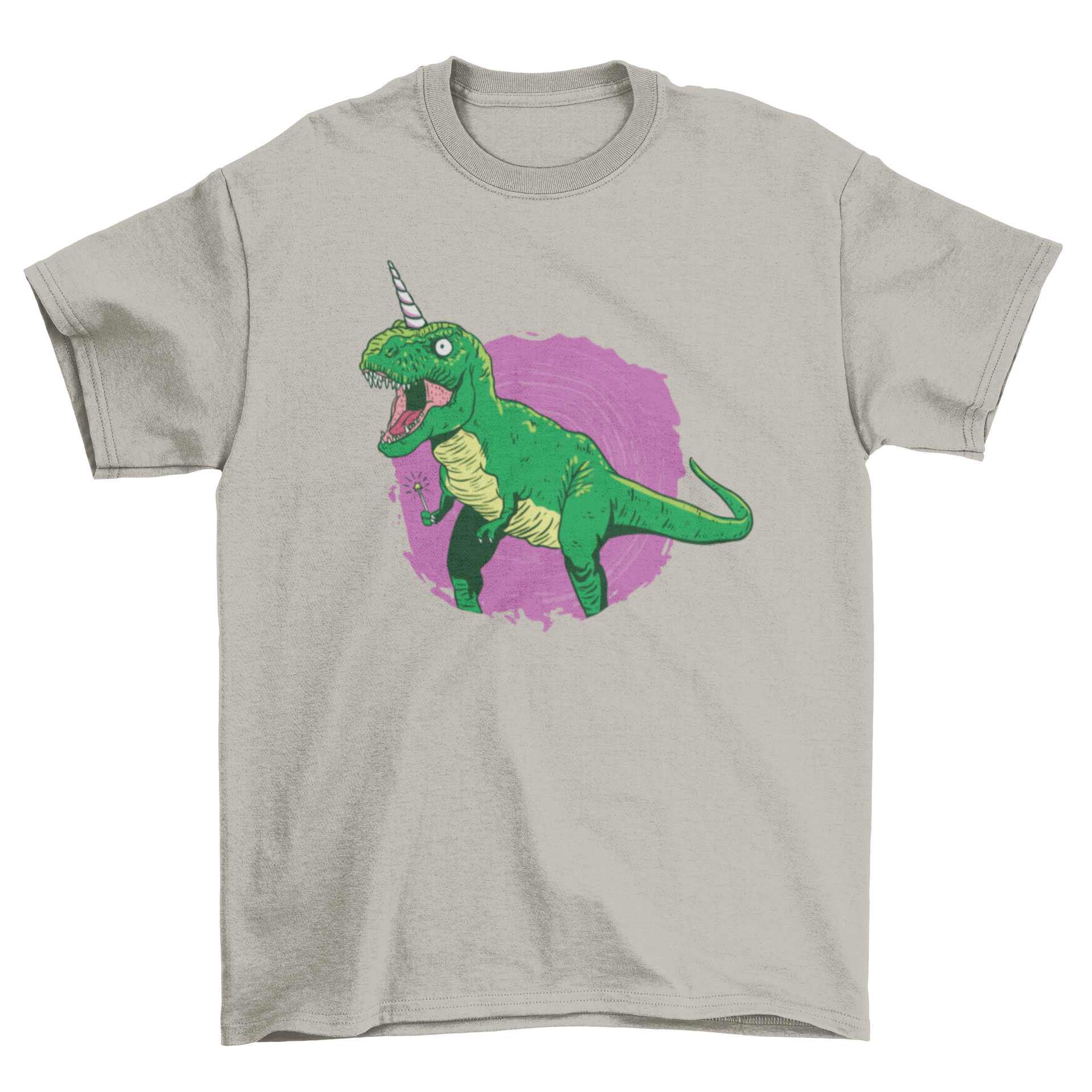 A colorful t-shirt featuring a dinosaur unicorn holding a magic wand, perfect for kids.