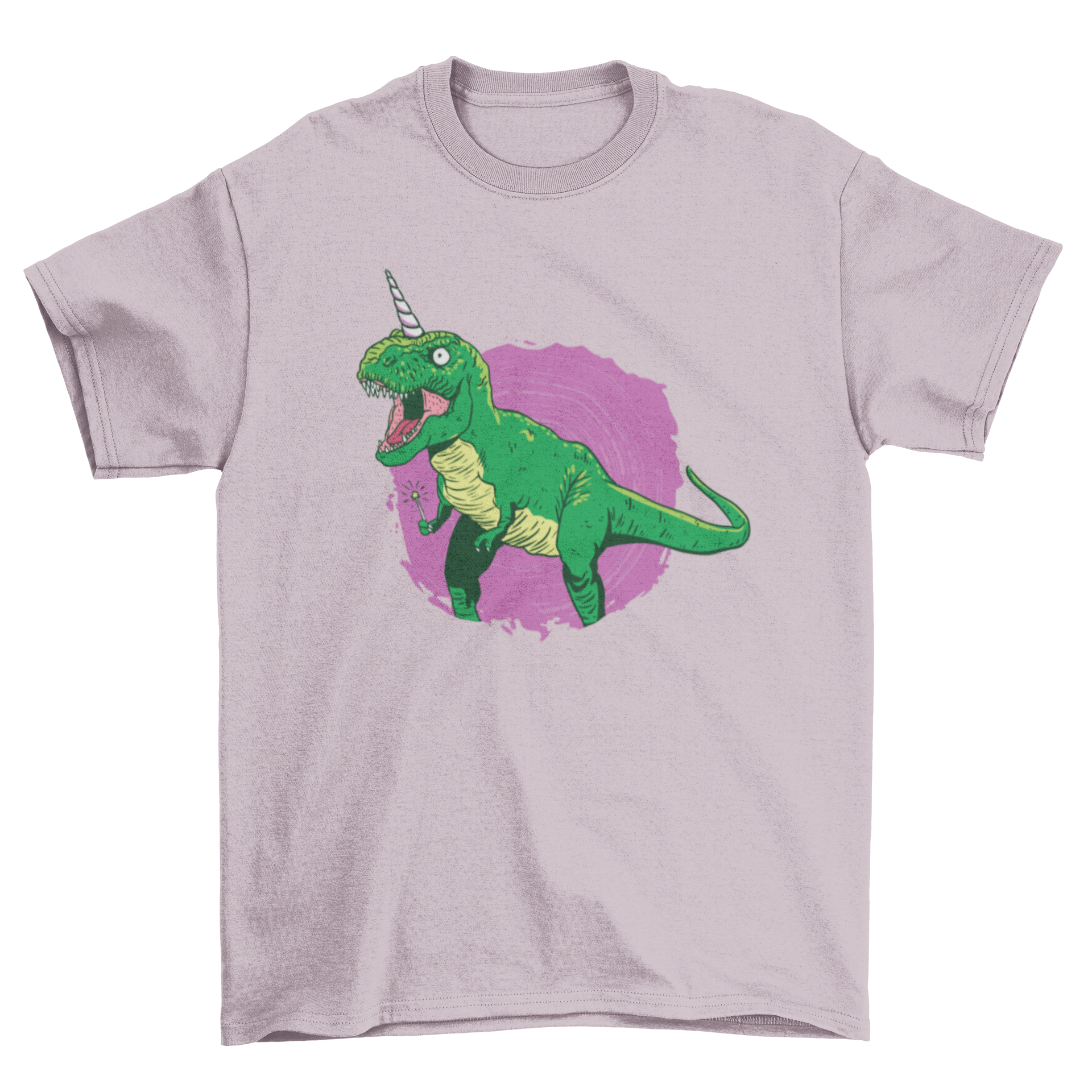 A colorful t-shirt featuring a dinosaur unicorn holding a magic wand, perfect for kids.