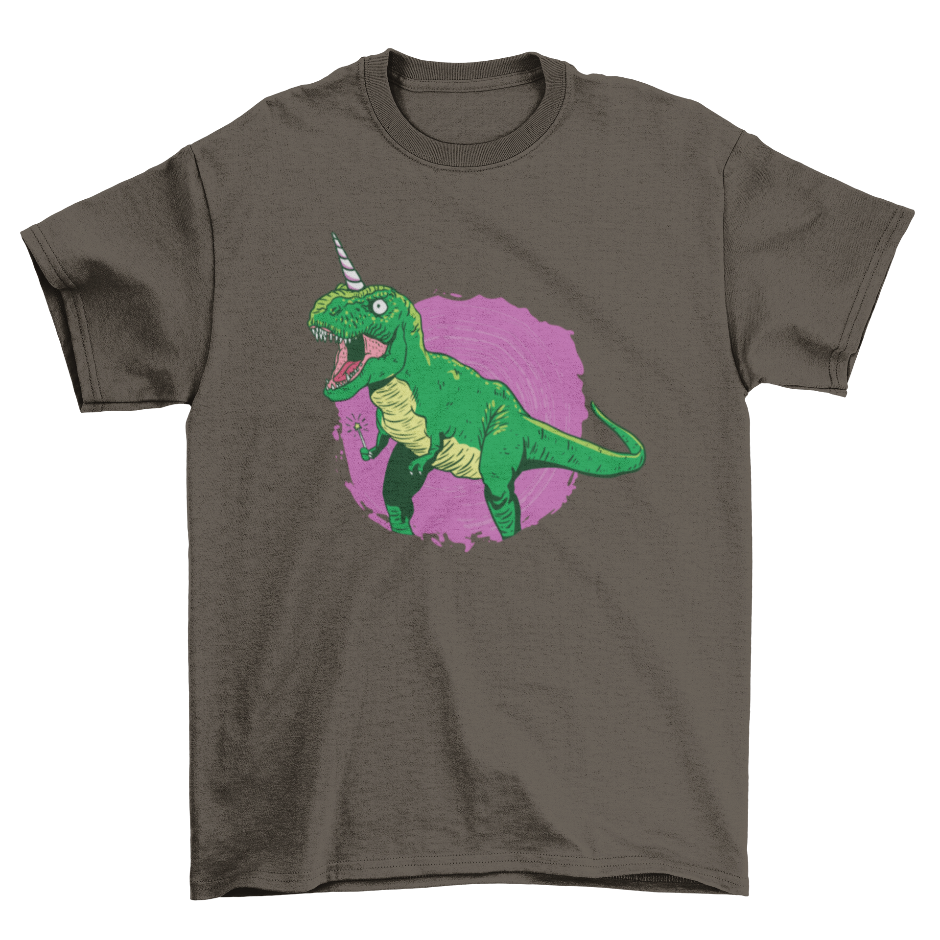 A colorful t-shirt featuring a dinosaur unicorn holding a magic wand, perfect for kids.