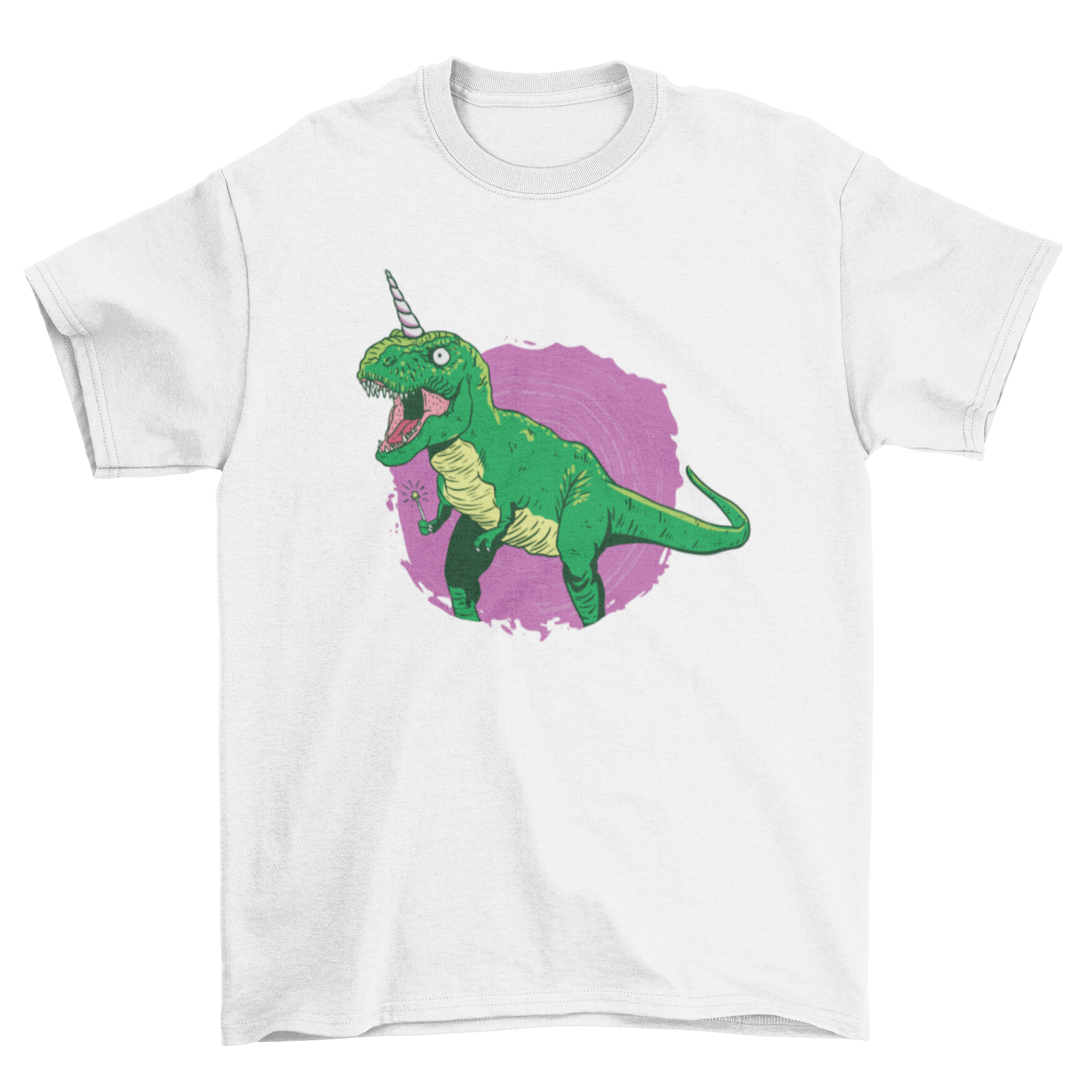 A colorful t-shirt featuring a dinosaur unicorn holding a magic wand, perfect for kids.