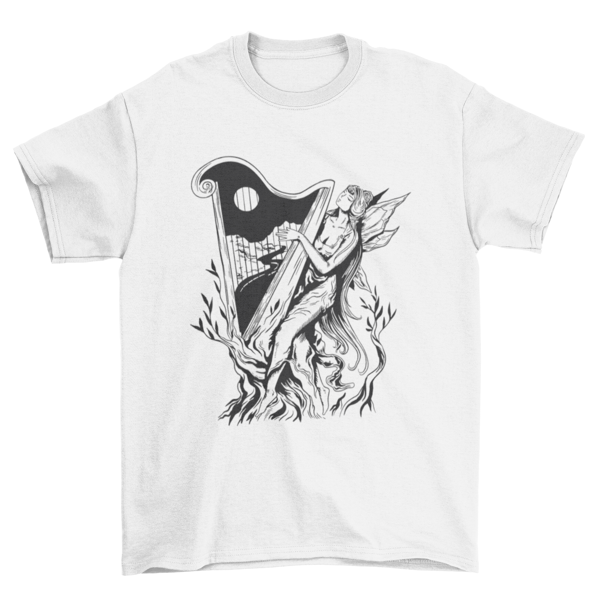 A dark art nouveau t-shirt featuring a fairy playing the harp, showcasing intricate design and vibrant colors.