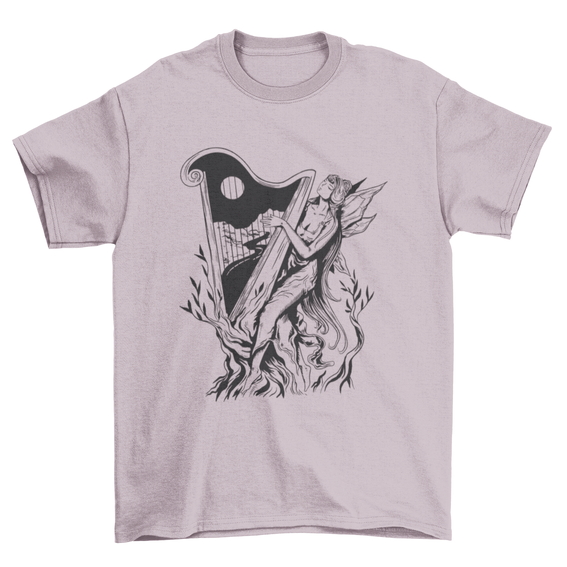 A dark art nouveau t-shirt featuring a fairy playing the harp, showcasing intricate design and vibrant colors.