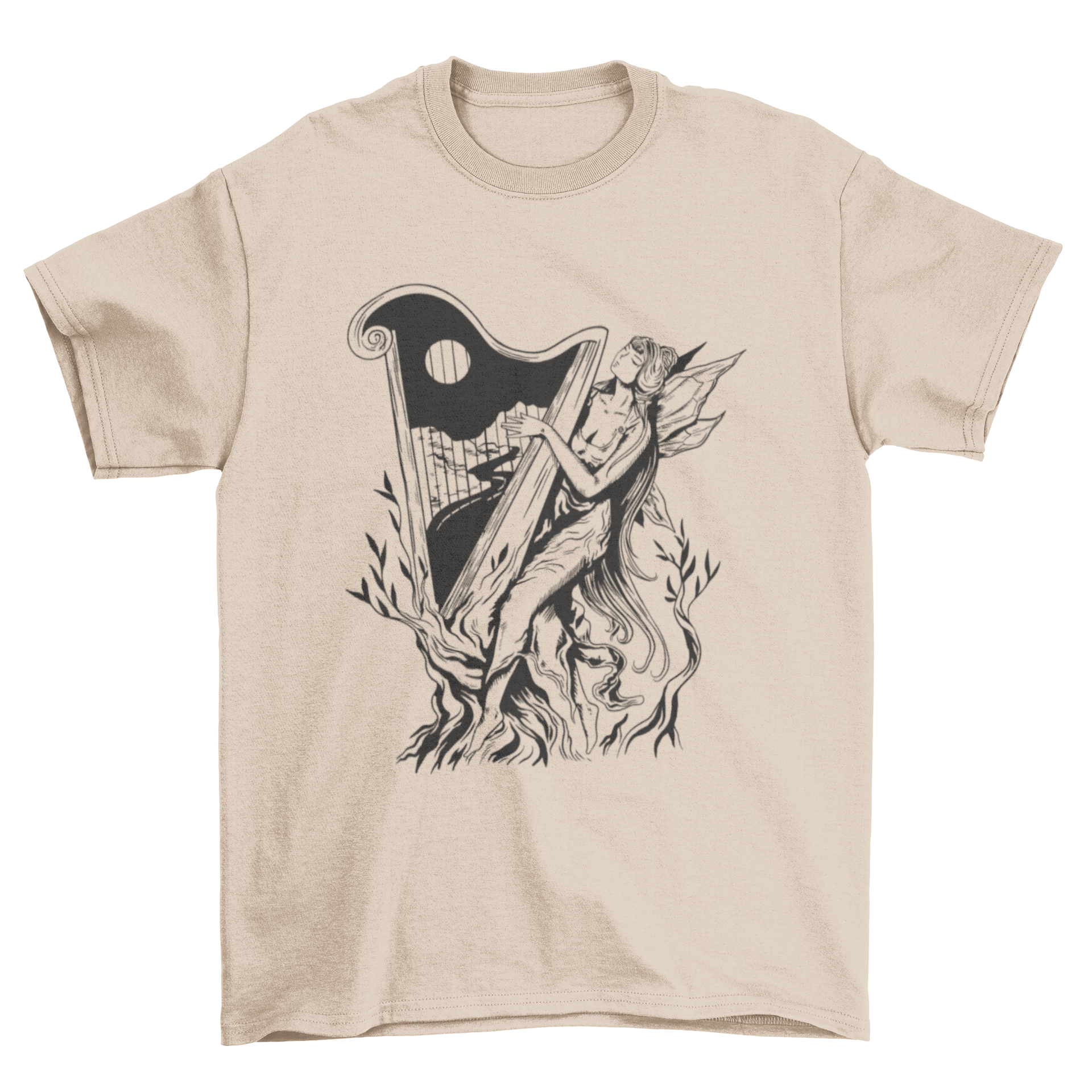 A dark art nouveau t-shirt featuring a fairy playing the harp, showcasing intricate design and vibrant colors.