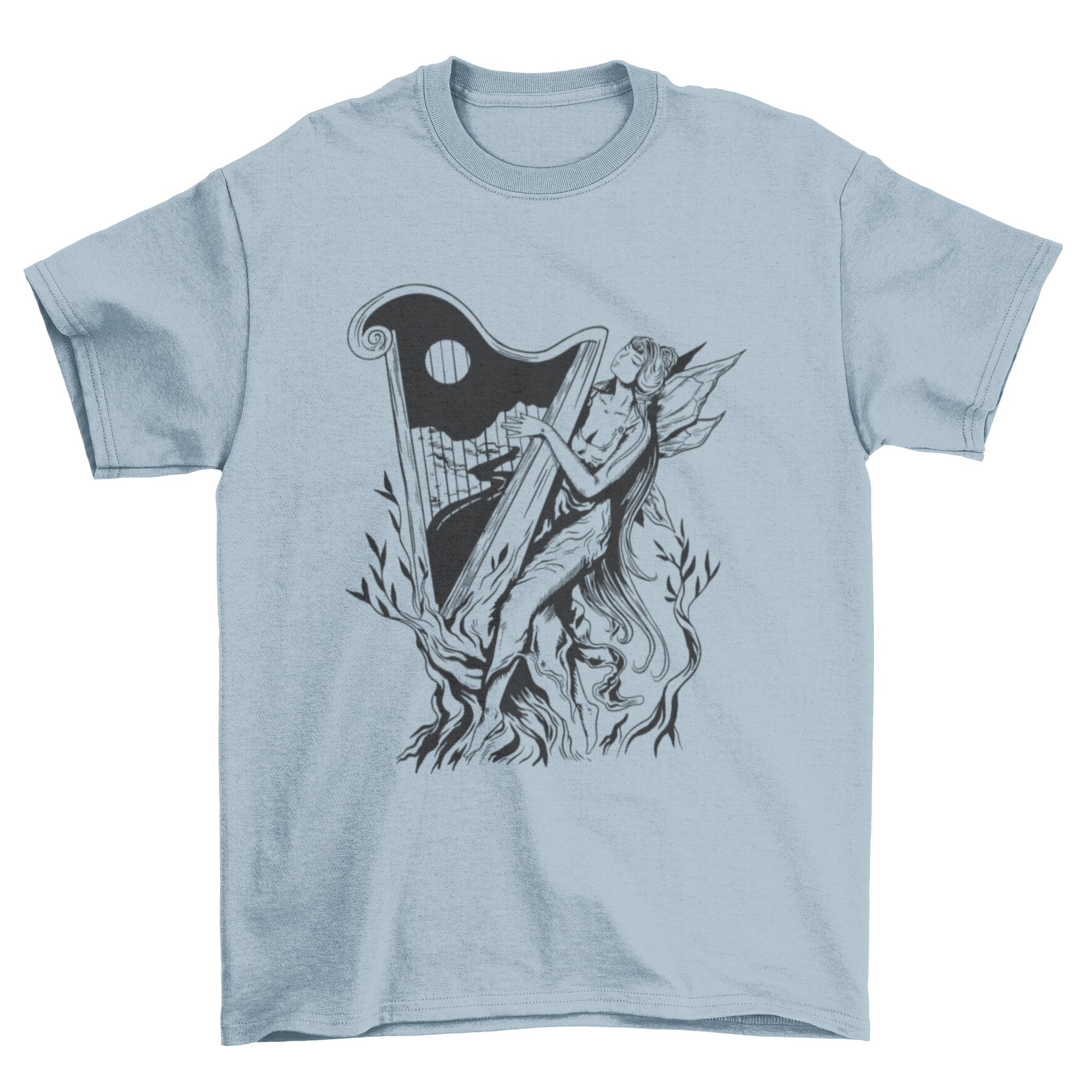 A dark art nouveau t-shirt featuring a fairy playing the harp, showcasing intricate design and vibrant colors.