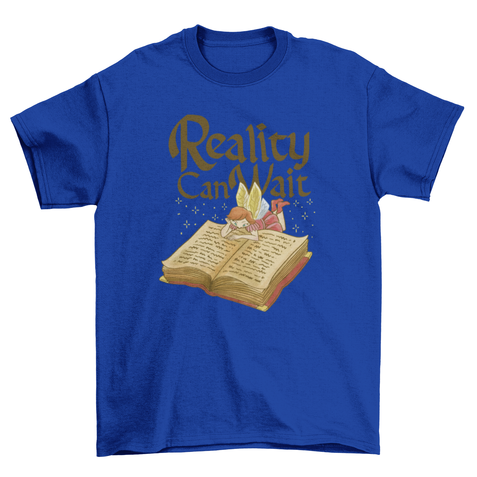 A whimsical t-shirt featuring a fairy reading a book with the quote 'Reality can wait'.