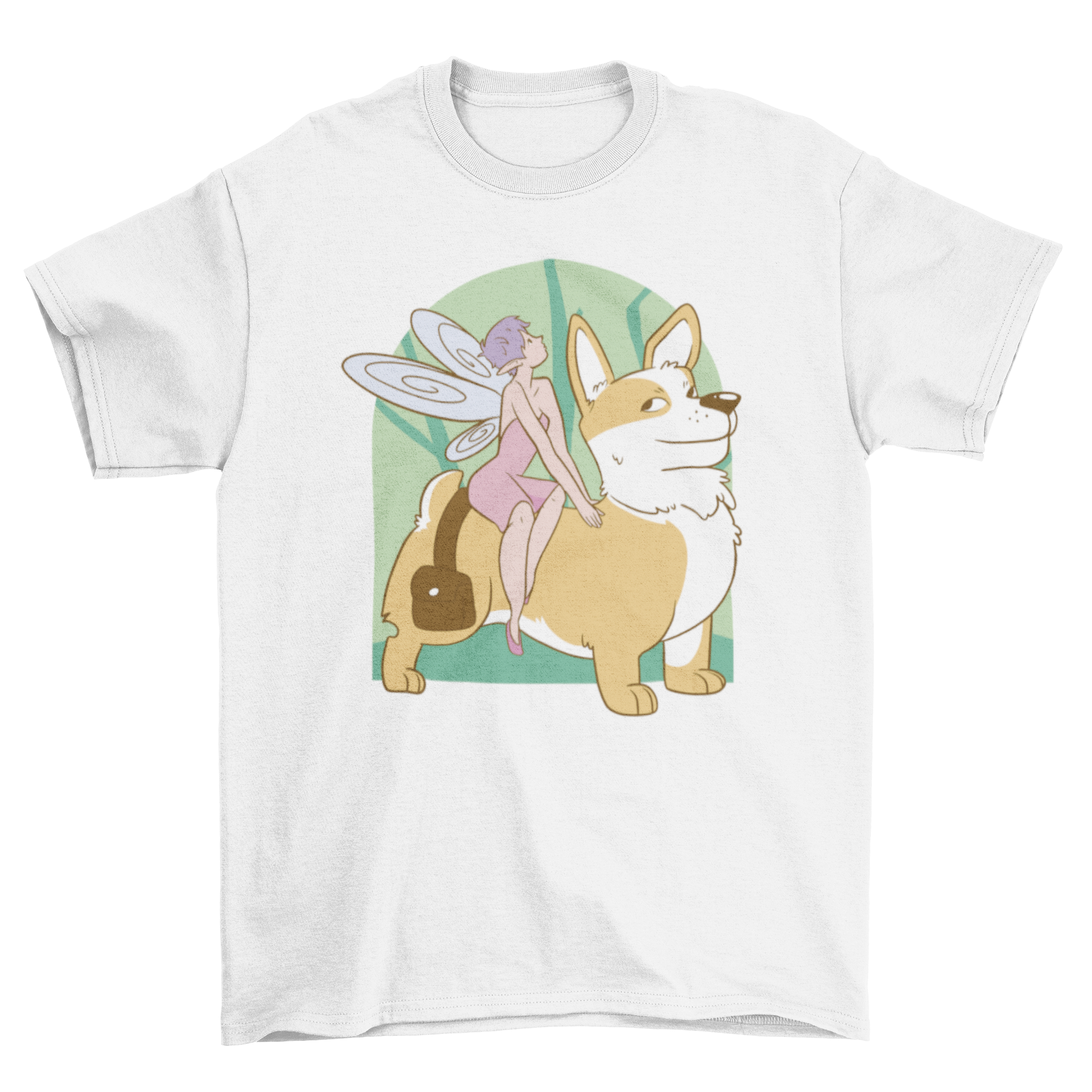 A whimsical t-shirt featuring a fairy riding a playful corgi dog, showcasing vibrant colors and intricate design.