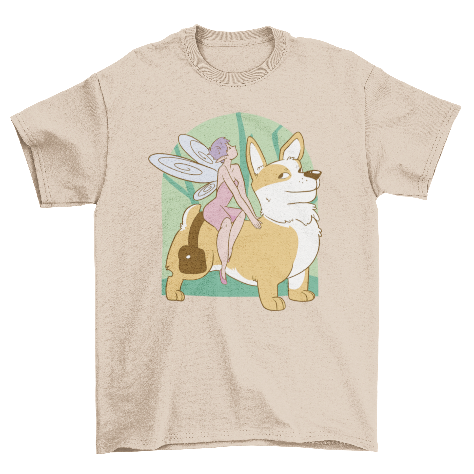 A whimsical t-shirt featuring a fairy riding a playful corgi dog, showcasing vibrant colors and intricate design.