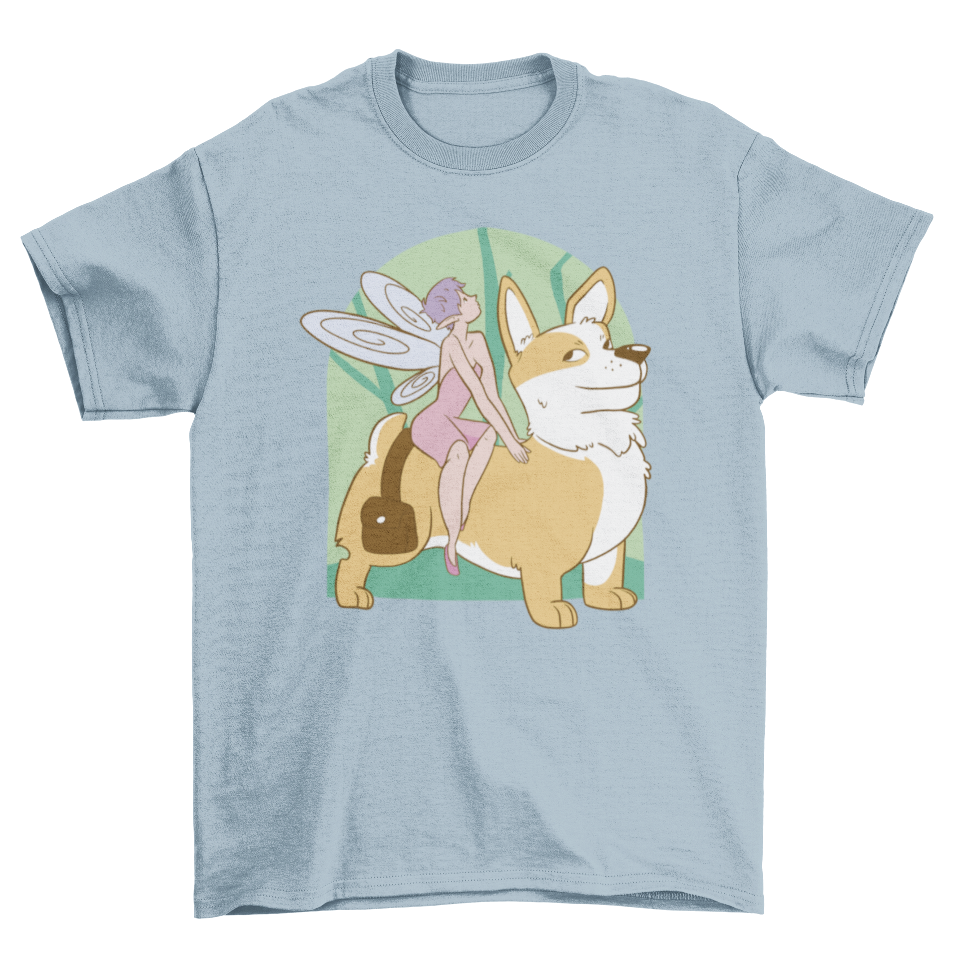 A whimsical t-shirt featuring a fairy riding a playful corgi dog, showcasing vibrant colors and intricate design.