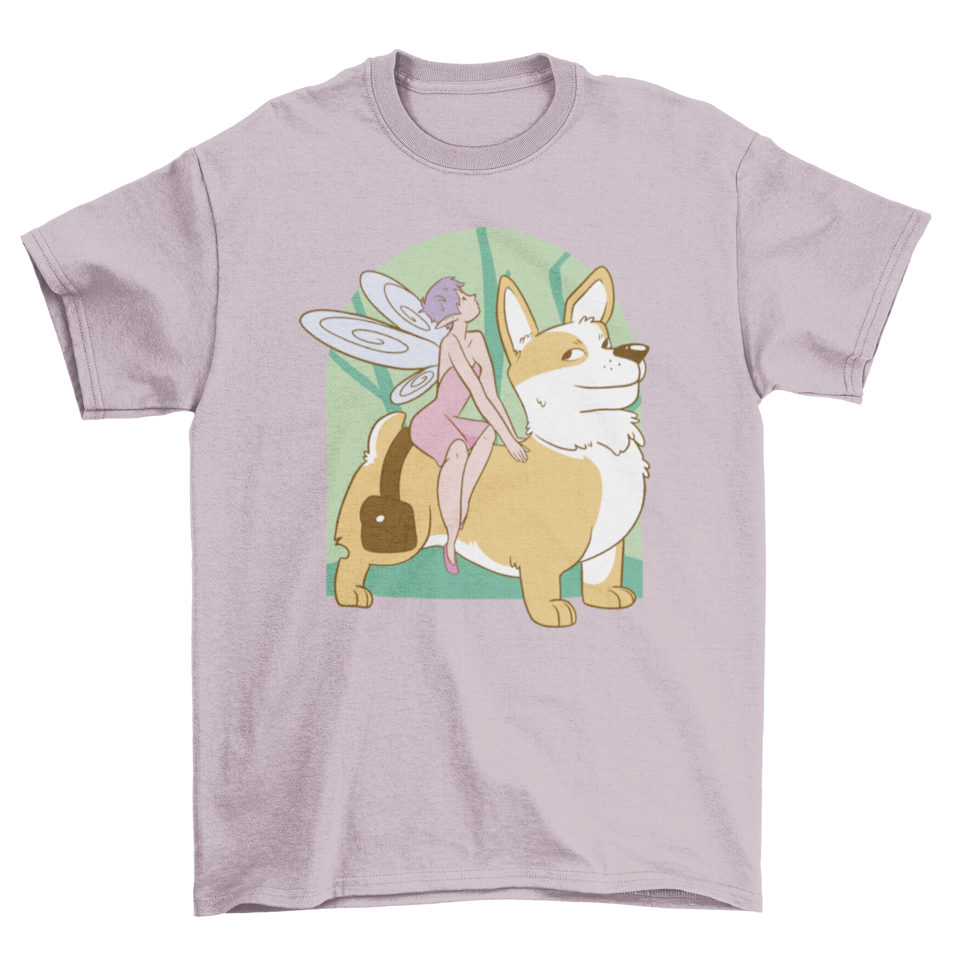 A whimsical t-shirt featuring a fairy riding a playful corgi dog, showcasing vibrant colors and intricate design.