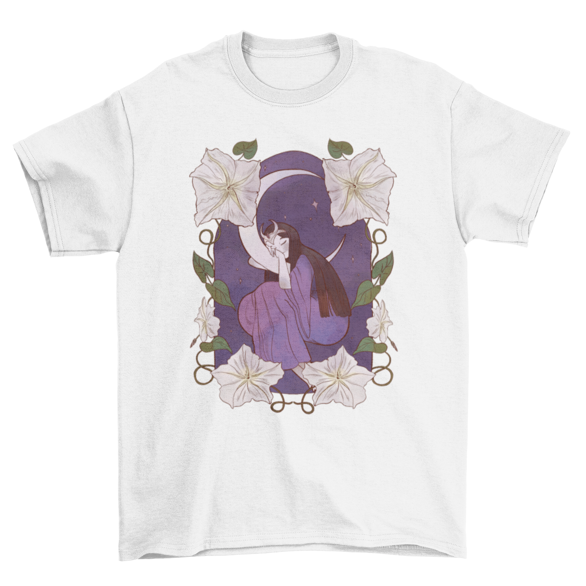 A whimsical t-shirt featuring a girl sleeping on a crescent moon, surrounded by colorful flowers, perfect for fairy tale lovers.