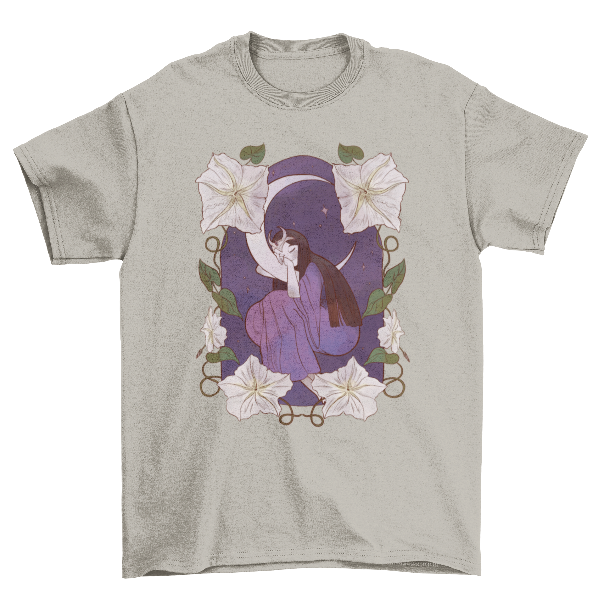 A whimsical t-shirt featuring a girl sleeping on a crescent moon, surrounded by colorful flowers, perfect for fairy tale lovers.