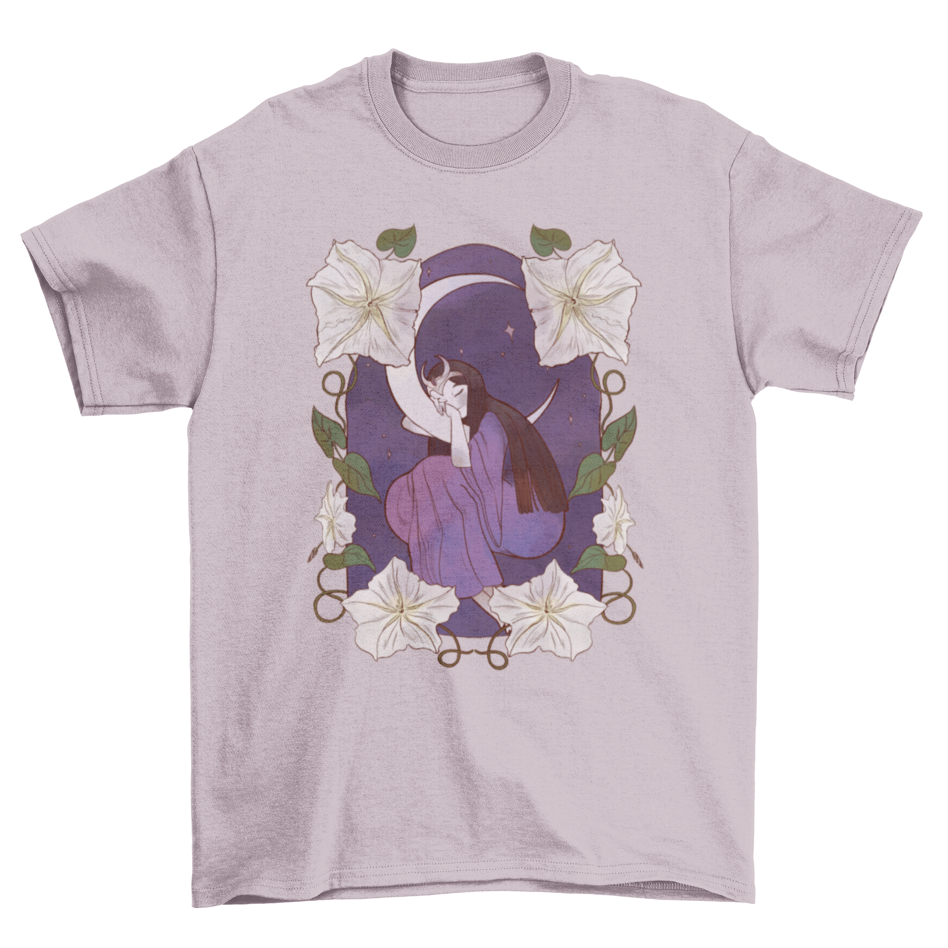 A whimsical t-shirt featuring a girl sleeping on a crescent moon, surrounded by colorful flowers, perfect for fairy tale lovers.