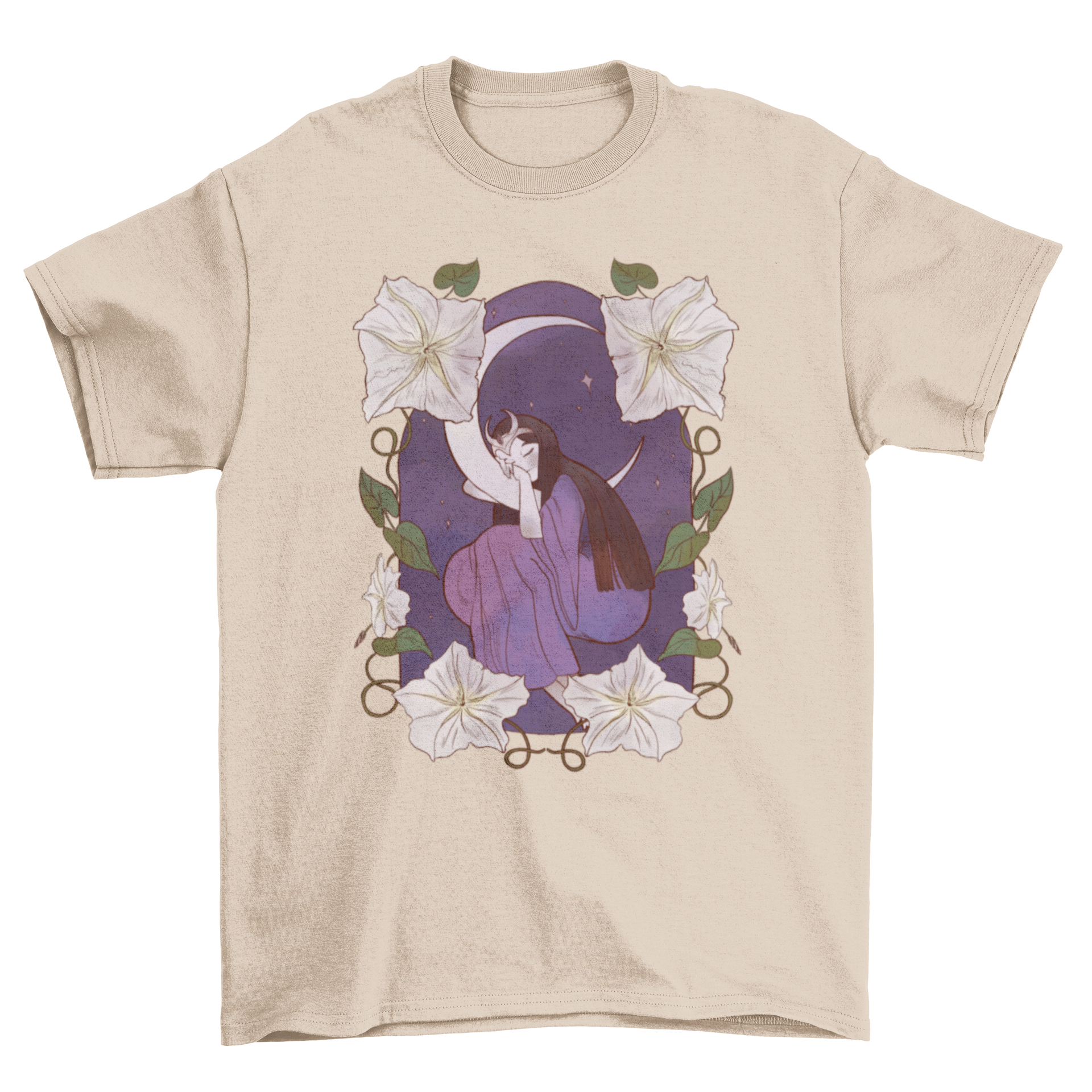 A whimsical t-shirt featuring a girl sleeping on a crescent moon, surrounded by colorful flowers, perfect for fairy tale lovers.