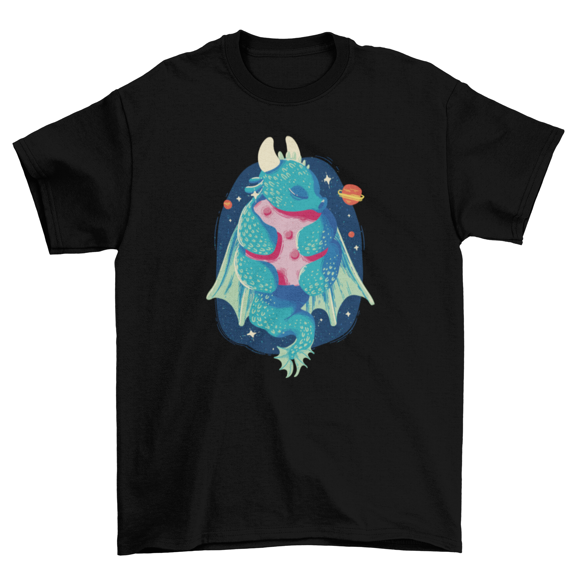 A whimsical t-shirt featuring a dragon hugging the moon, showcasing vibrant colors and intricate details.