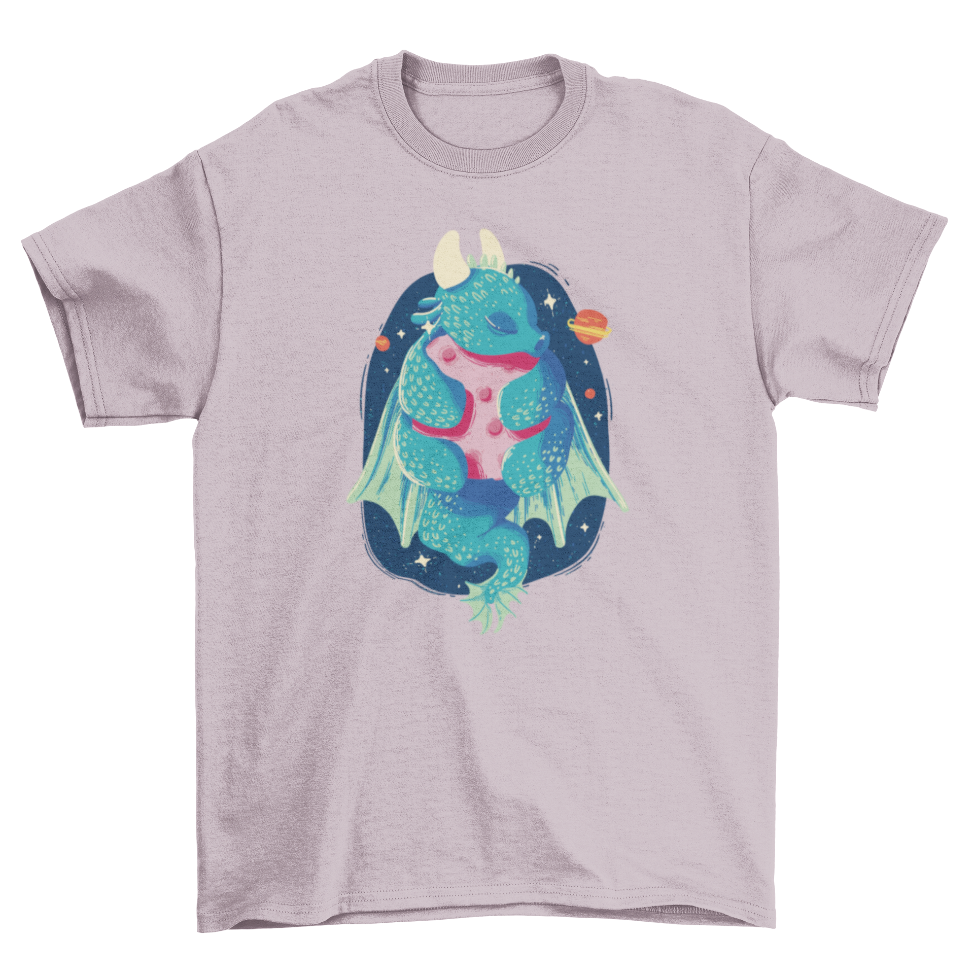 A whimsical t-shirt featuring a dragon hugging the moon, showcasing vibrant colors and intricate details.