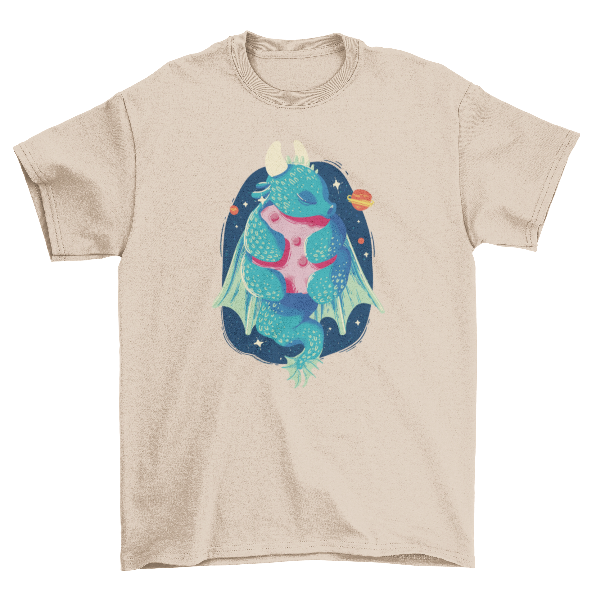 A whimsical t-shirt featuring a dragon hugging the moon, showcasing vibrant colors and intricate details.