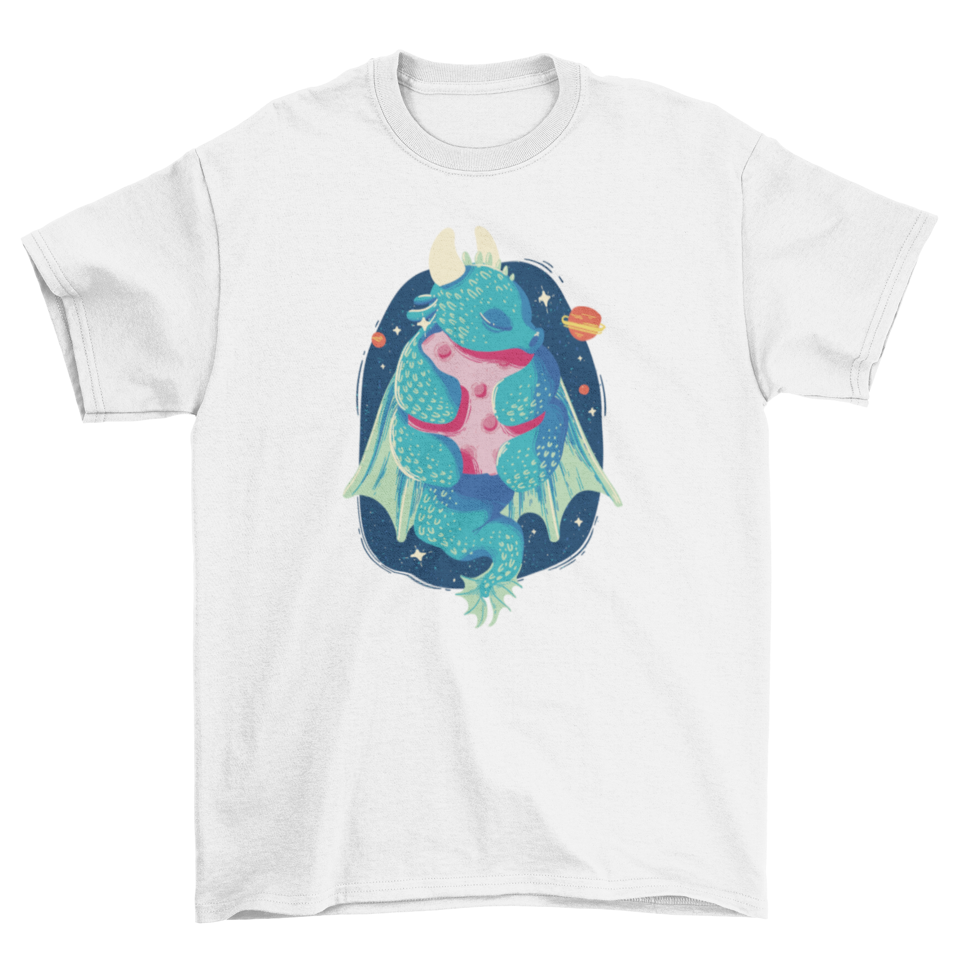 A whimsical t-shirt featuring a dragon hugging the moon, showcasing vibrant colors and intricate details.