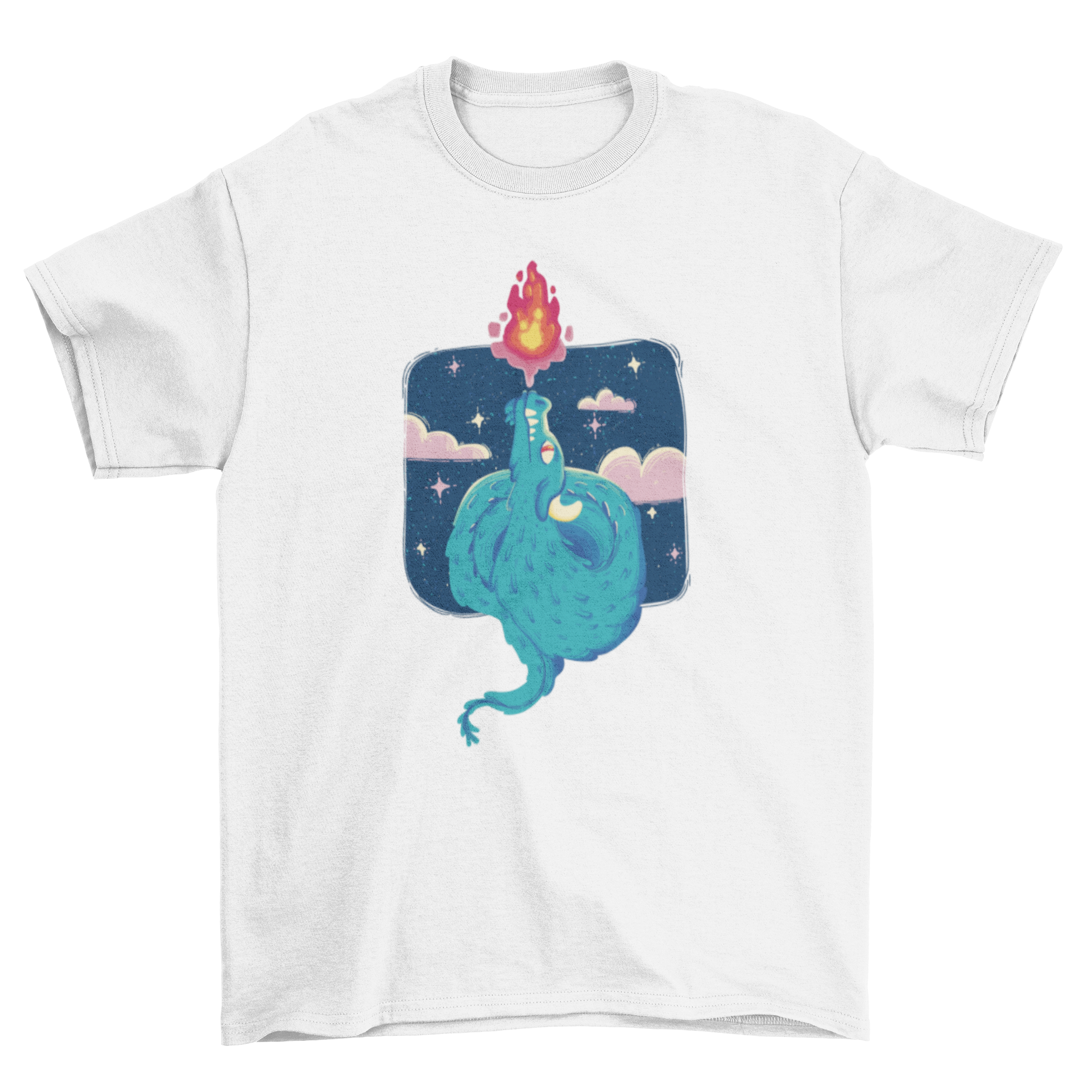 A vibrant t-shirt featuring a detailed dragon breathing fire, showcasing fantasy art.