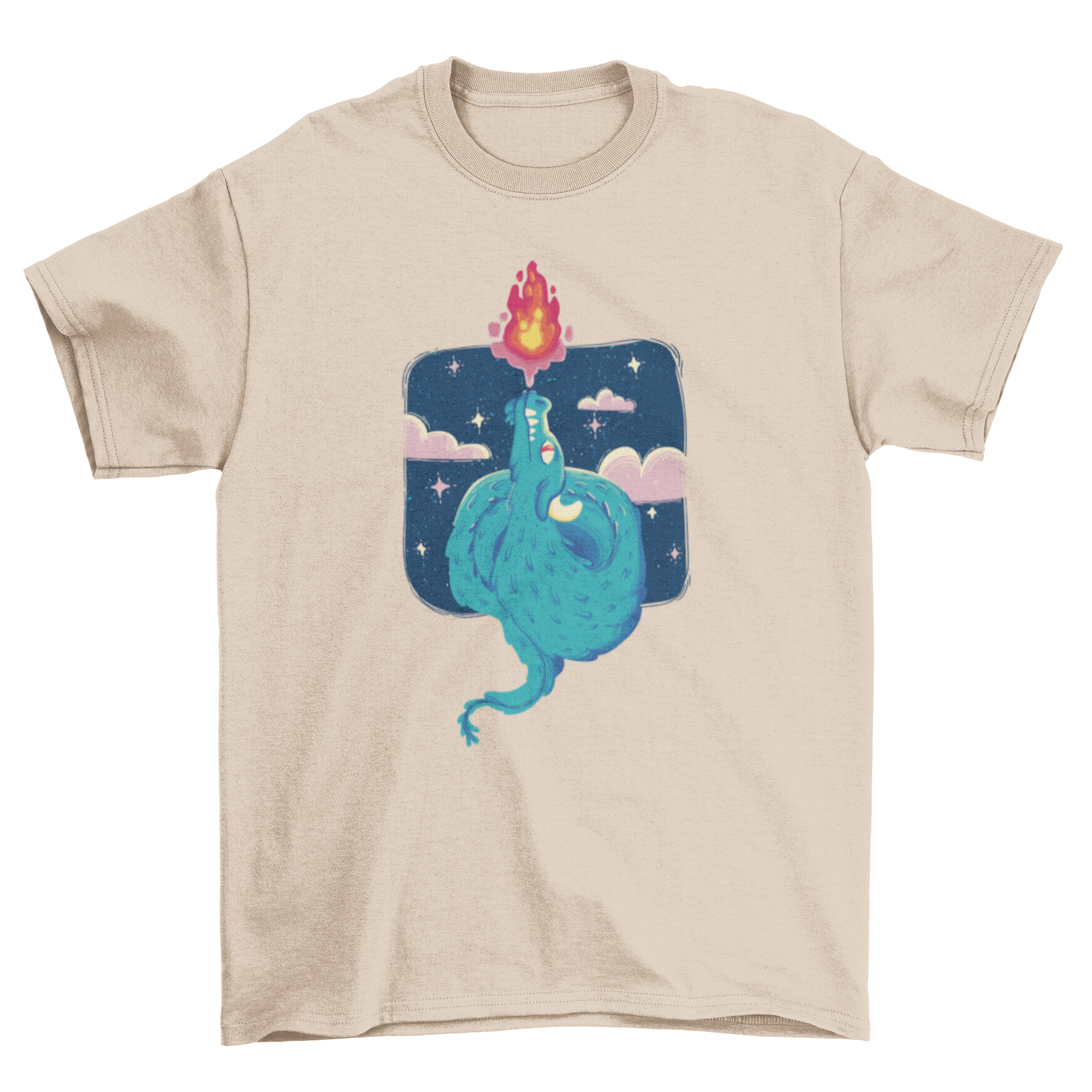 A vibrant t-shirt featuring a detailed dragon breathing fire, showcasing fantasy art.