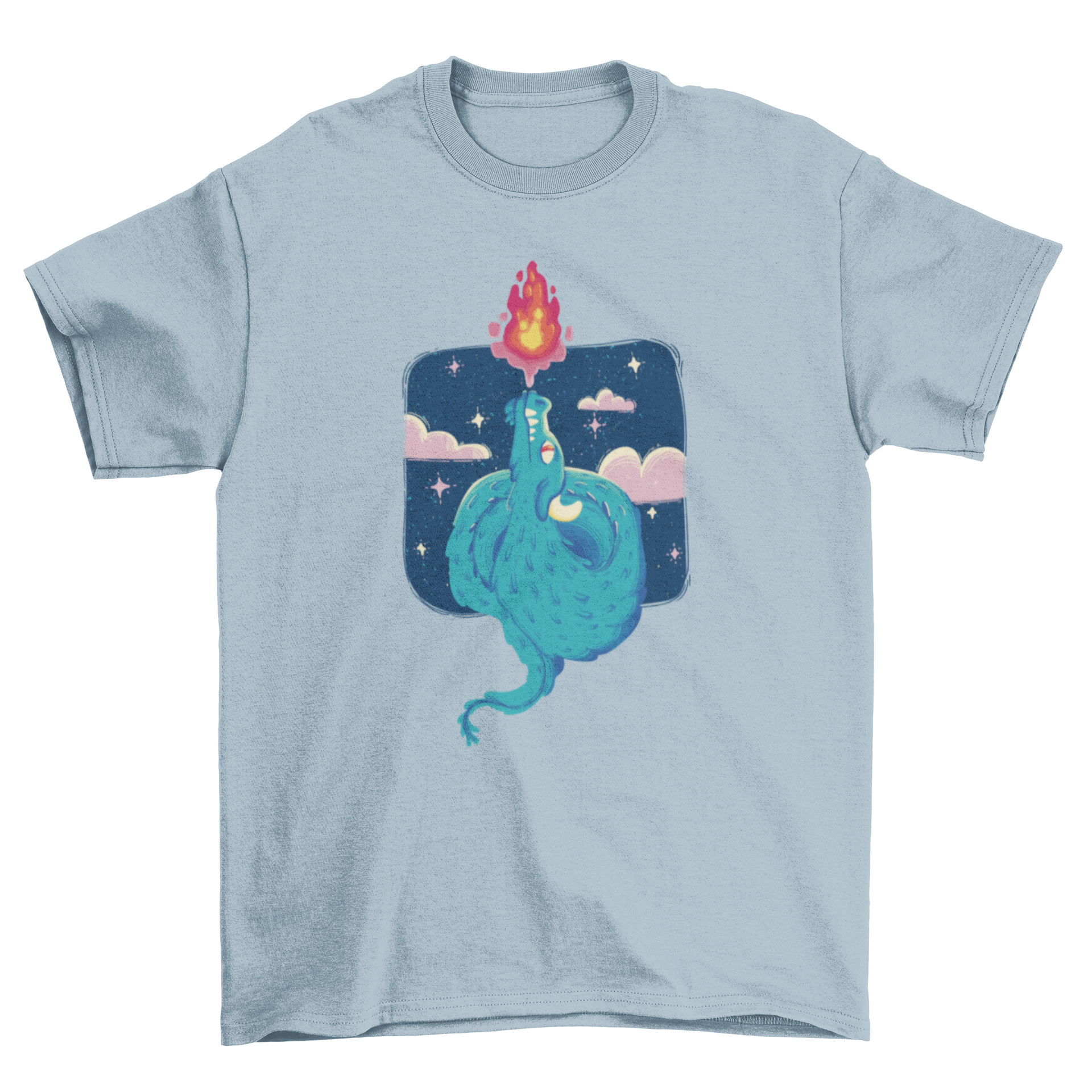 A vibrant t-shirt featuring a detailed dragon breathing fire, showcasing fantasy art.