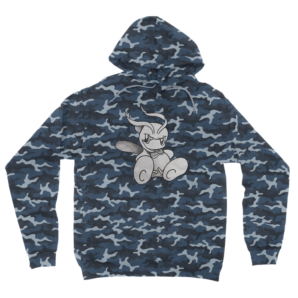 Fairyu Camouflage Adult Hoodie featuring an all-over camo design, double fabric hood, and kangaroo pouch pocket, perfect for casual wear.