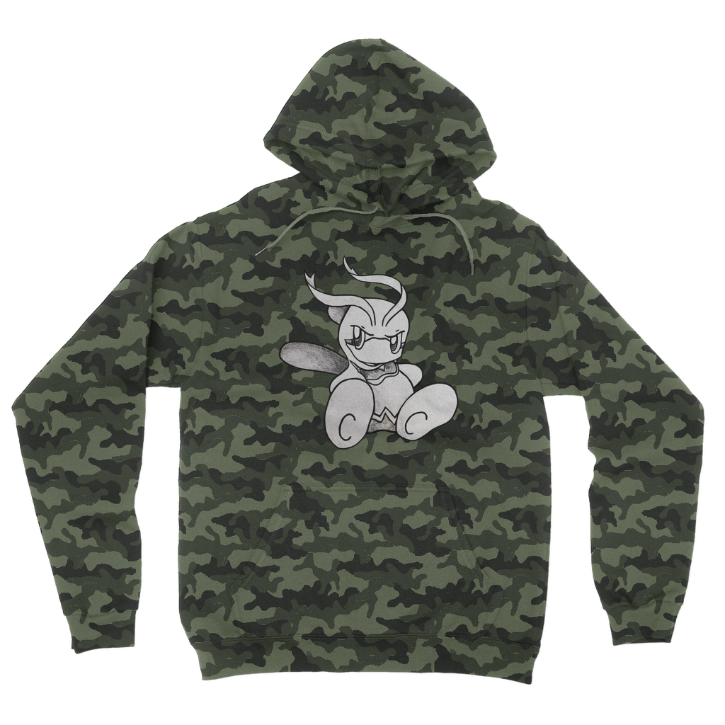 Fairyu Camouflage Adult Hoodie featuring an all-over camo design, double fabric hood, and kangaroo pouch pocket, perfect for casual wear.