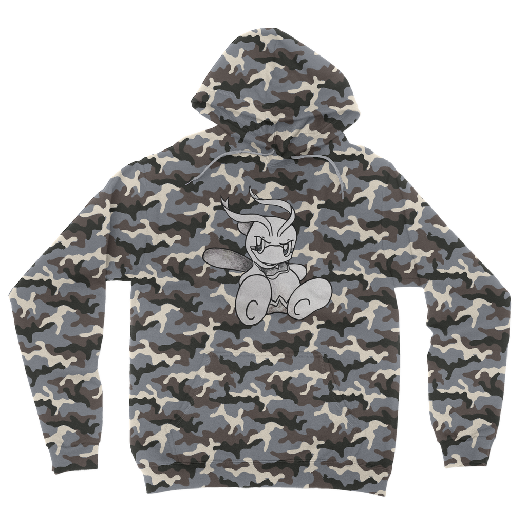 Fairyu Camouflage Adult Hoodie featuring an all-over camo design, double fabric hood, and kangaroo pouch pocket, perfect for casual wear.