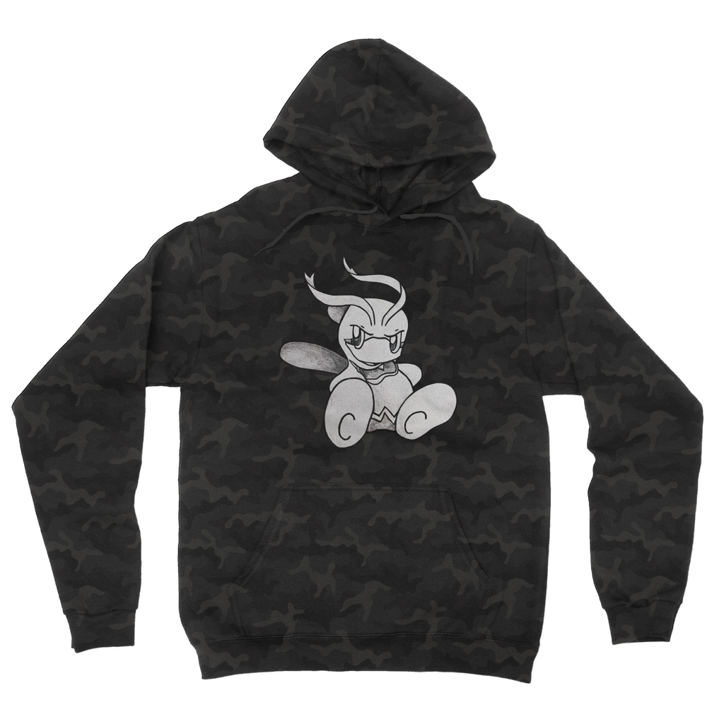 Fairyu Camouflage Adult Hoodie featuring an all-over camo design, double fabric hood, and kangaroo pouch pocket, perfect for casual wear.