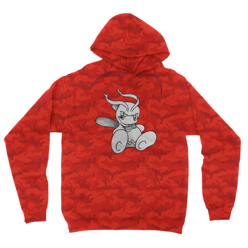 Fairyu Camouflage Adult Hoodie featuring an all-over camo design, double fabric hood, and kangaroo pouch pocket, perfect for casual wear.