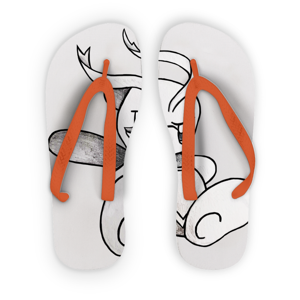 Fairyu Kids Flip Flops featuring customizable printed fabric and soft straps in black and orange.