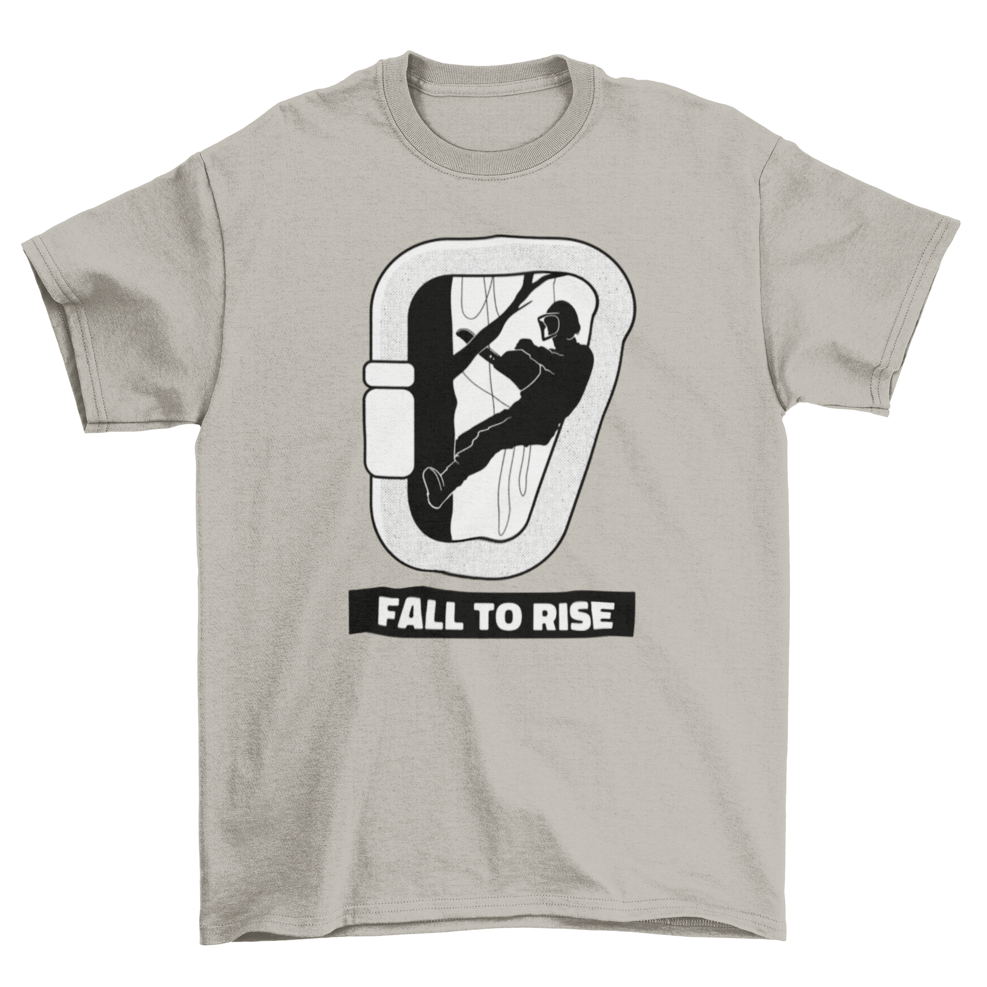 Fall to Rise T-Shirt featuring an arborist design inside a carabiner with the quote 'Fall to Rise'.