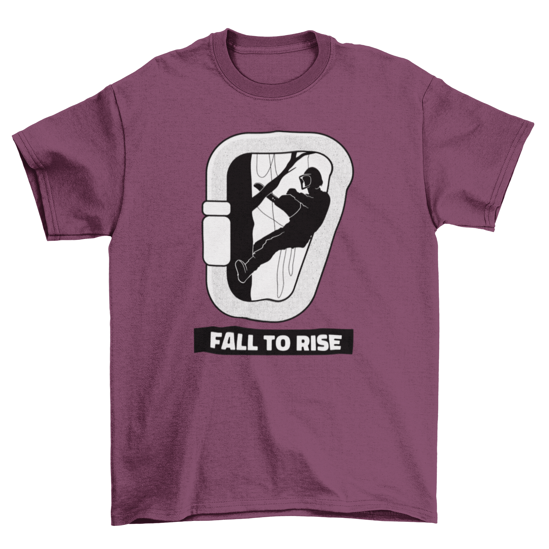 Fall to Rise T-Shirt featuring an arborist design inside a carabiner with the quote 'Fall to Rise'.