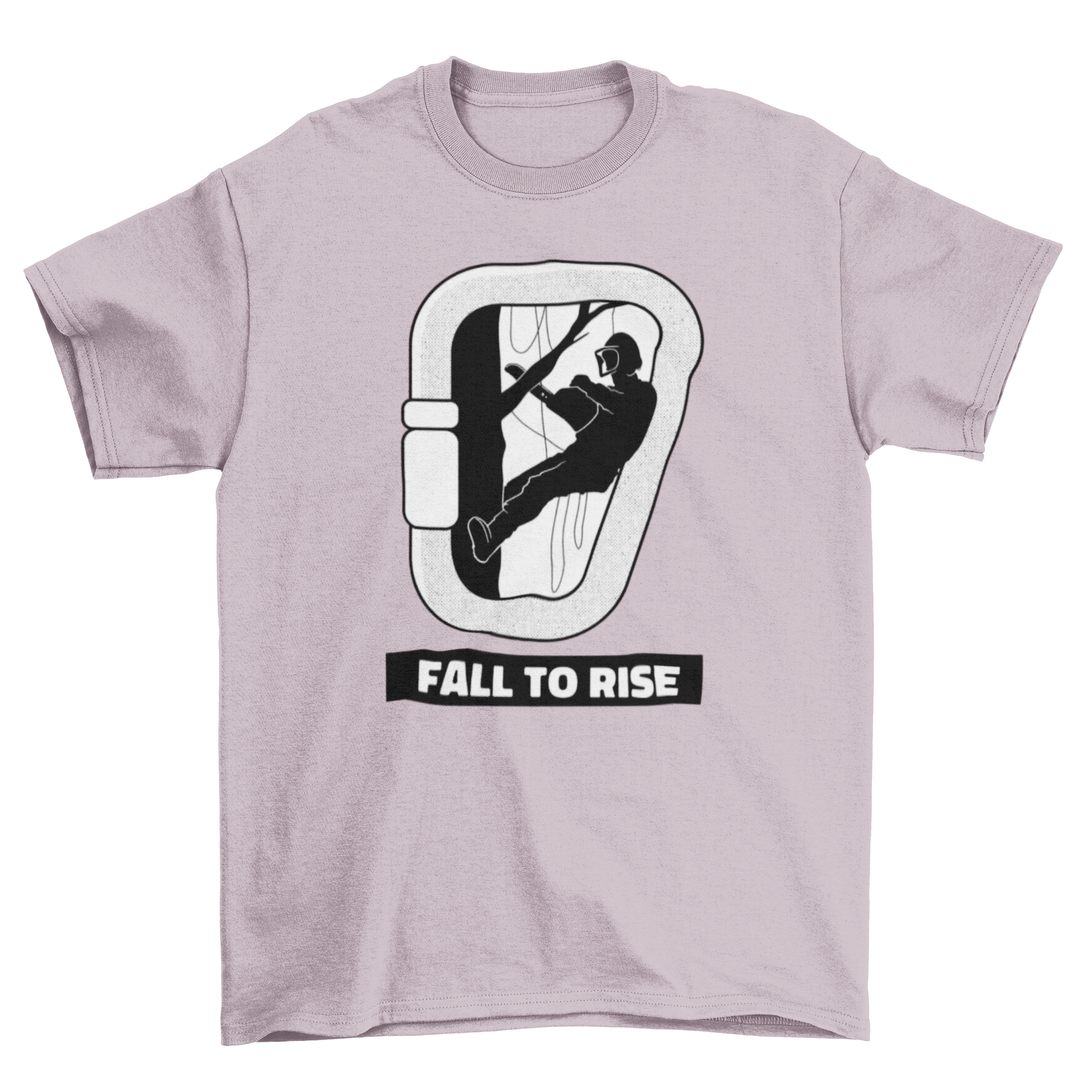 Fall to Rise T-Shirt featuring an arborist design inside a carabiner with the quote 'Fall to Rise'.