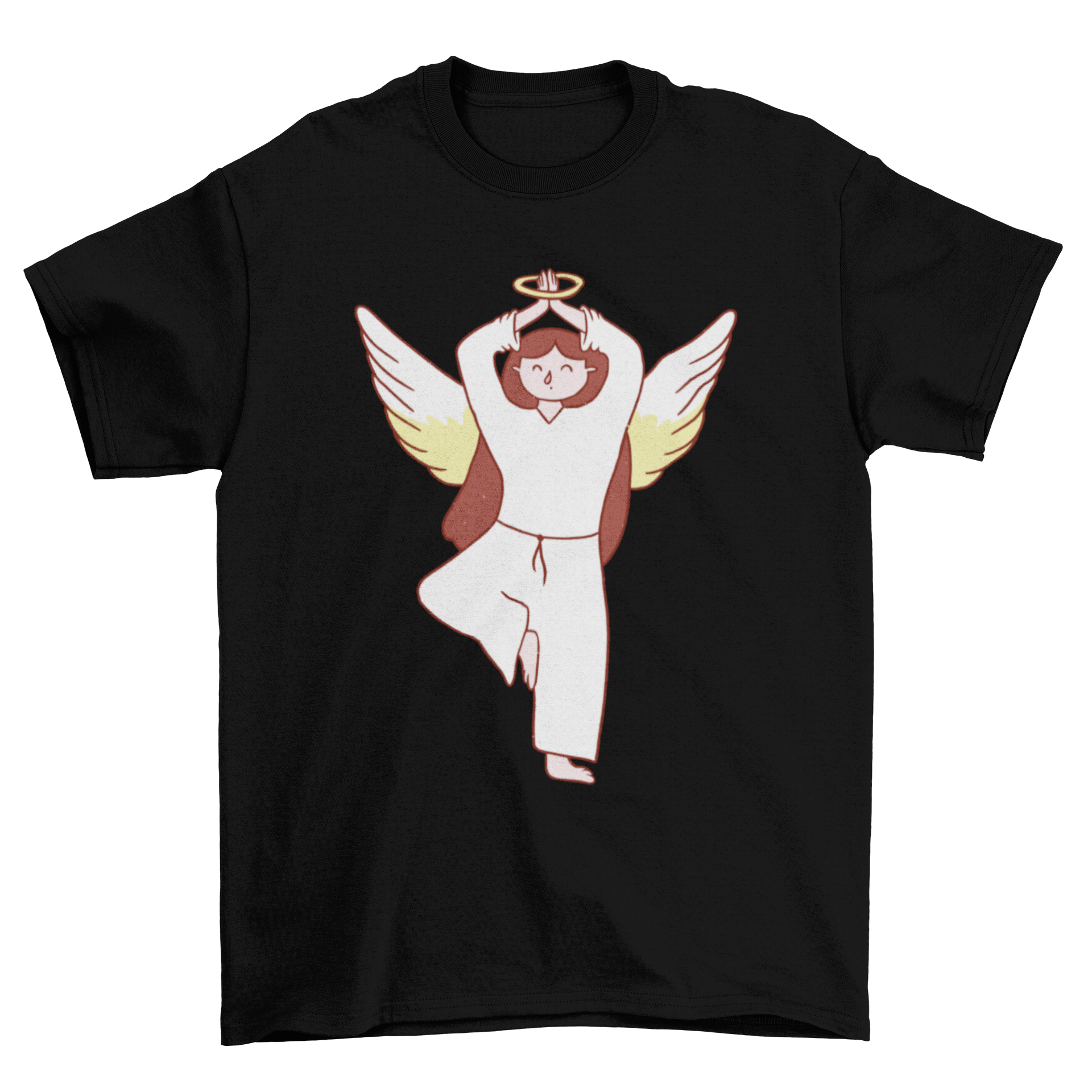 Fallen Angel Pose Yoga T-shirt featuring an angel in a yoga pose, designed for yoga enthusiasts.