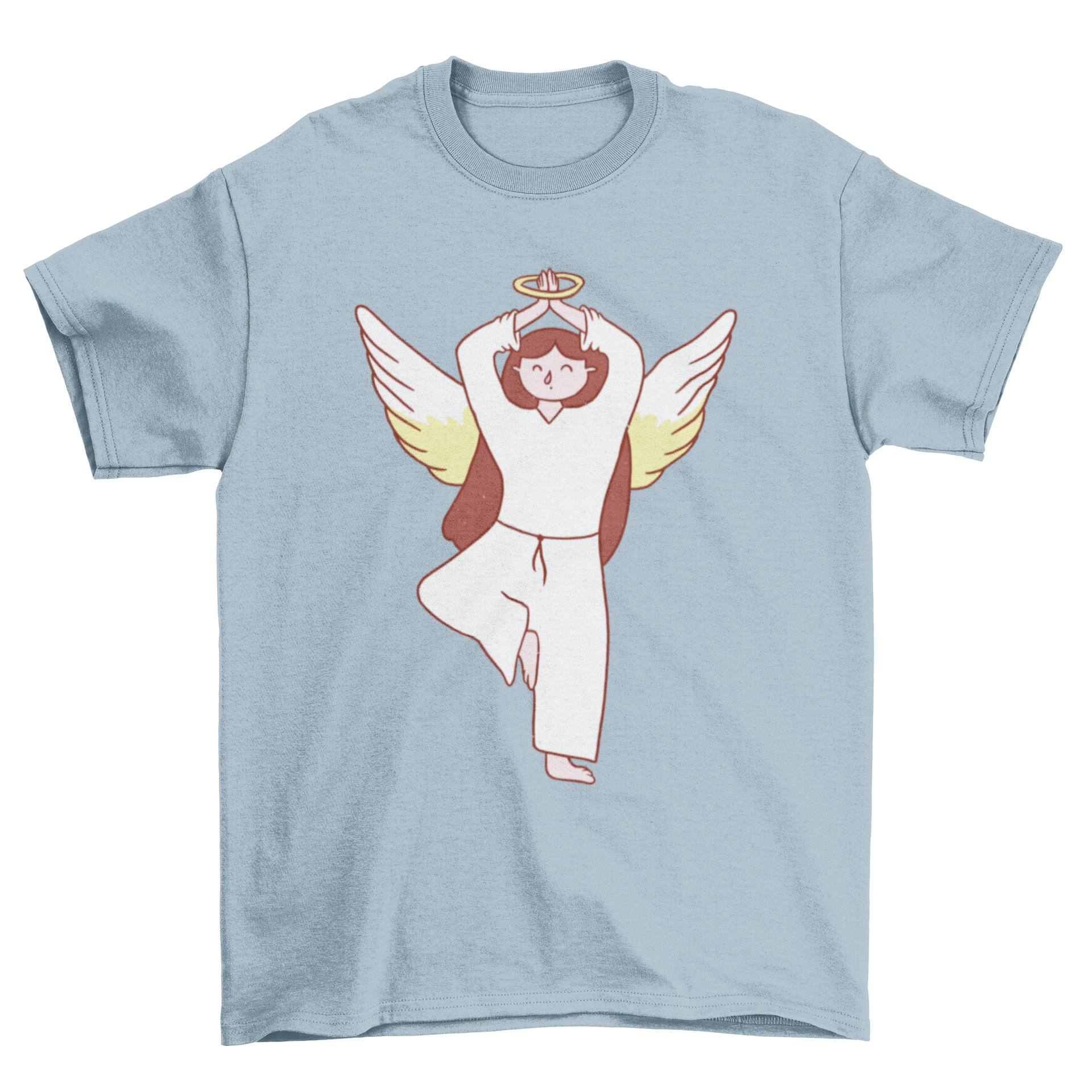 Fallen Angel Pose Yoga T-shirt featuring an angel in a yoga pose, designed for yoga enthusiasts.