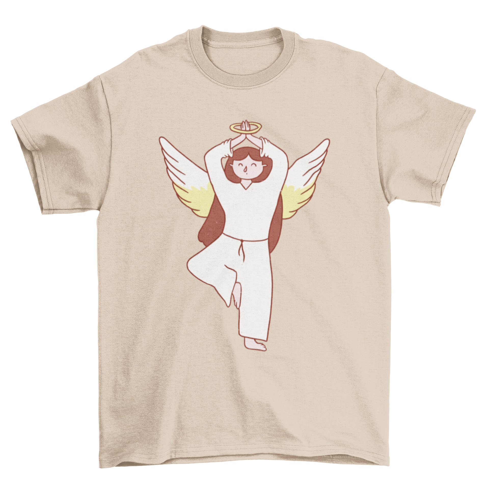 Fallen Angel Pose Yoga T-shirt featuring an angel in a yoga pose, designed for yoga enthusiasts.