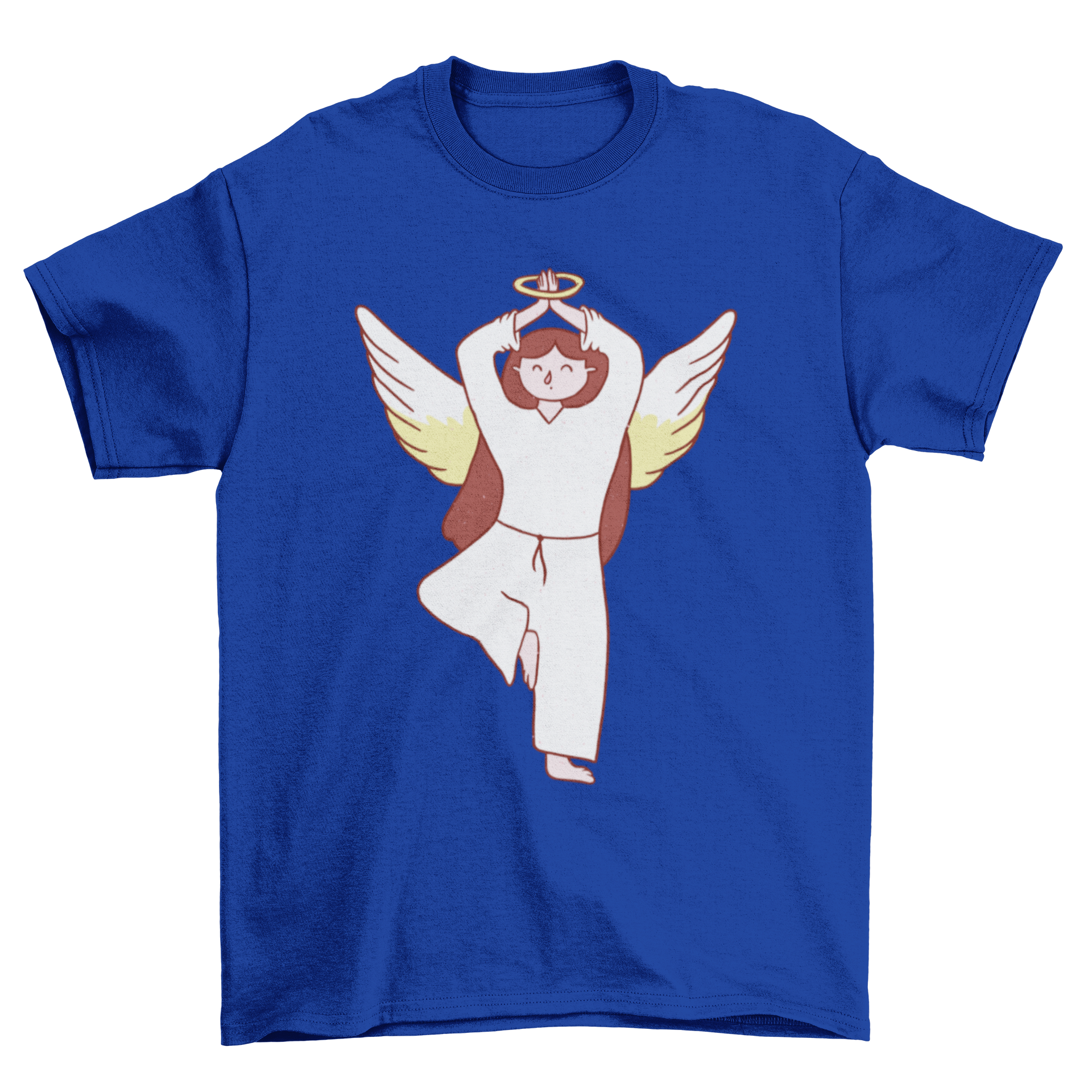 Fallen Angel Pose Yoga T-shirt featuring an angel in a yoga pose, designed for yoga enthusiasts.