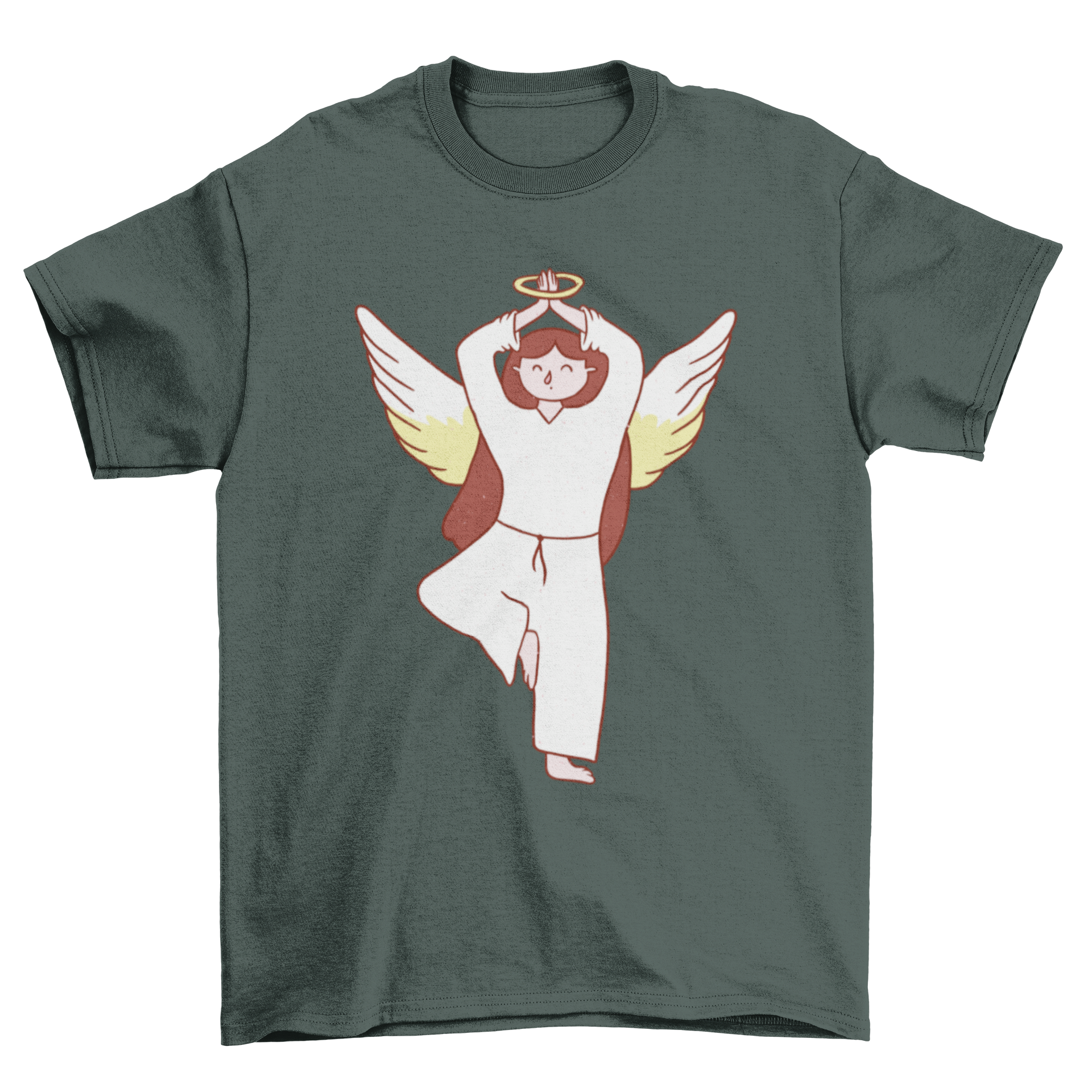 Fallen Angel Pose Yoga T-shirt featuring an angel in a yoga pose, designed for yoga enthusiasts.