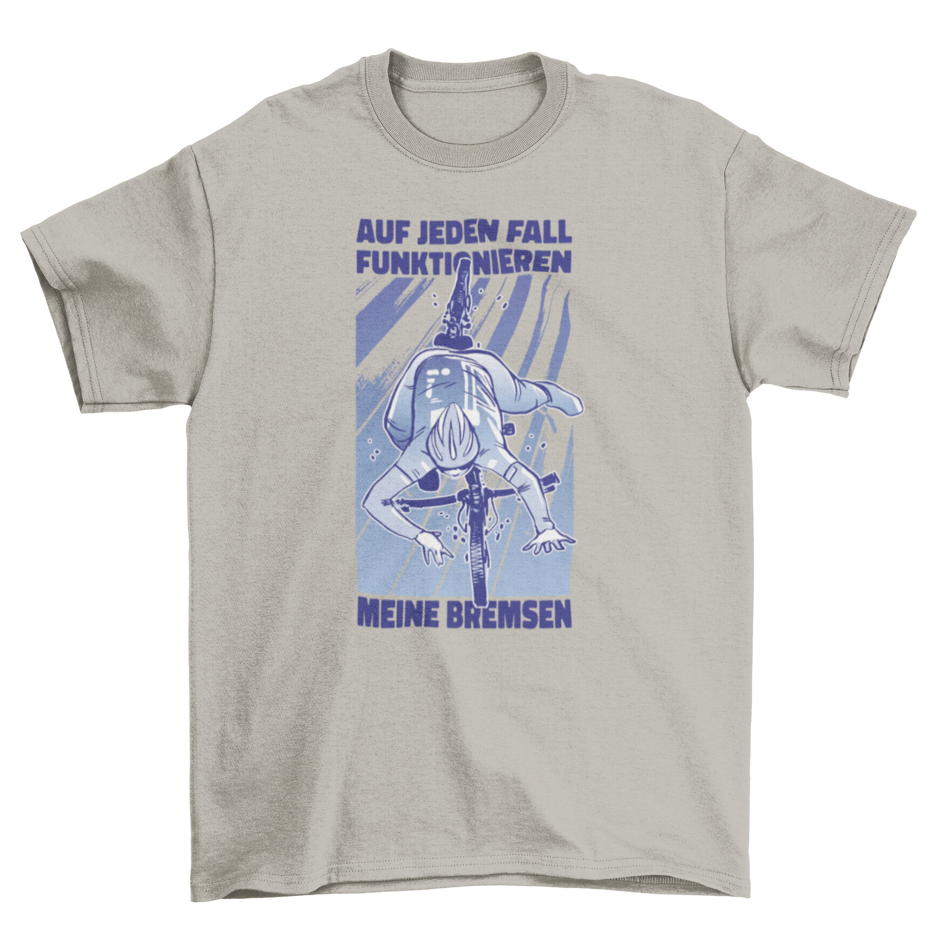 A humorous t-shirt design featuring a man falling off his bike with a German quote about brakes.