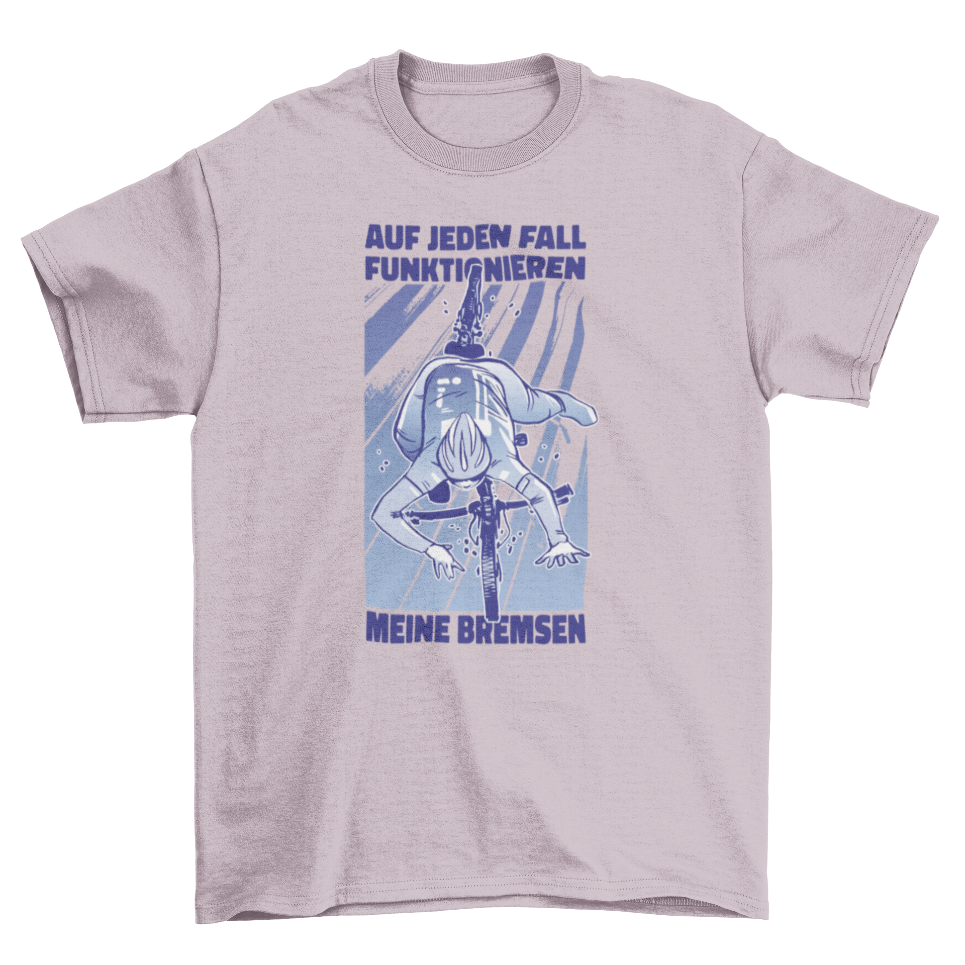 A humorous t-shirt design featuring a man falling off his bike with a German quote about brakes.