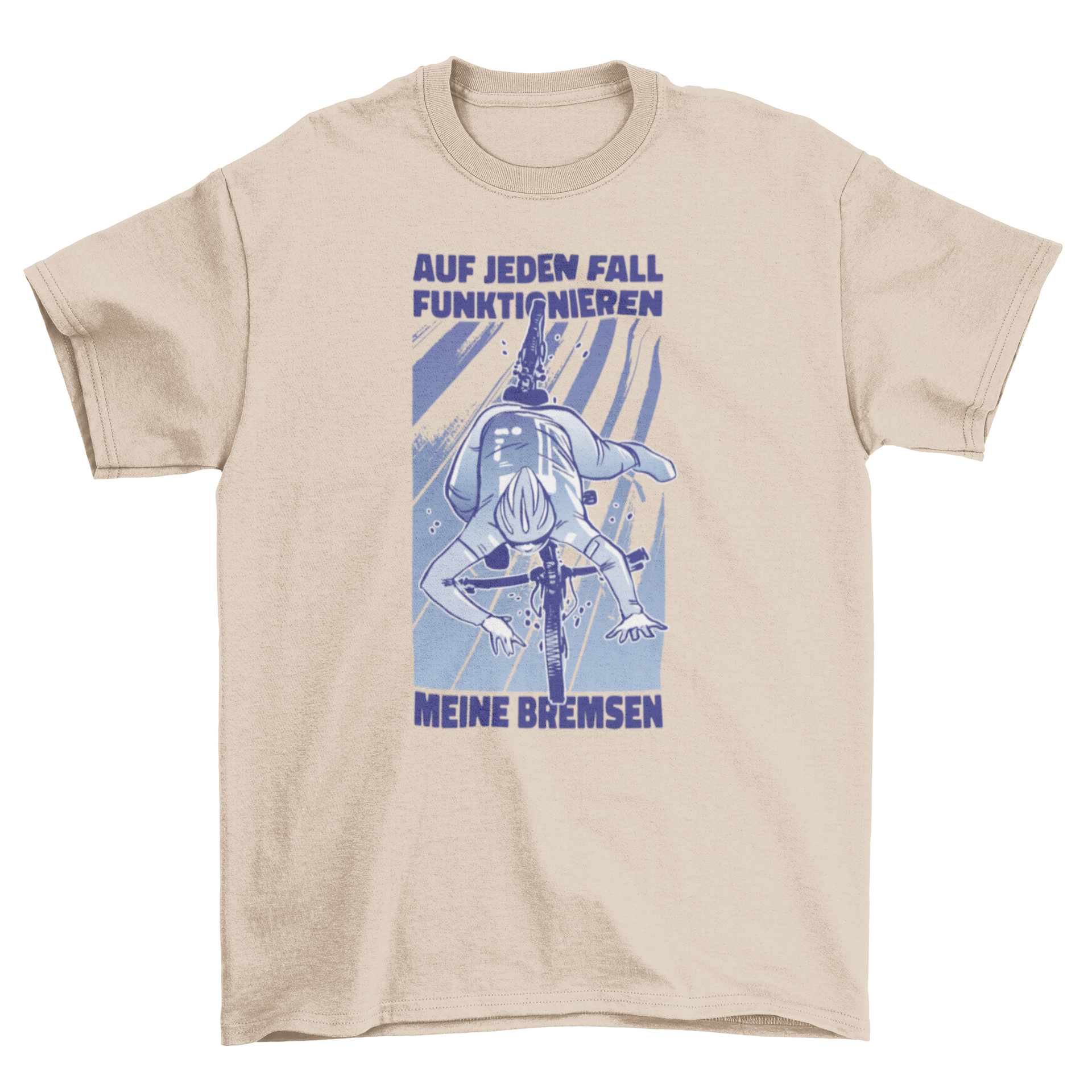 A humorous t-shirt design featuring a man falling off his bike with a German quote about brakes.