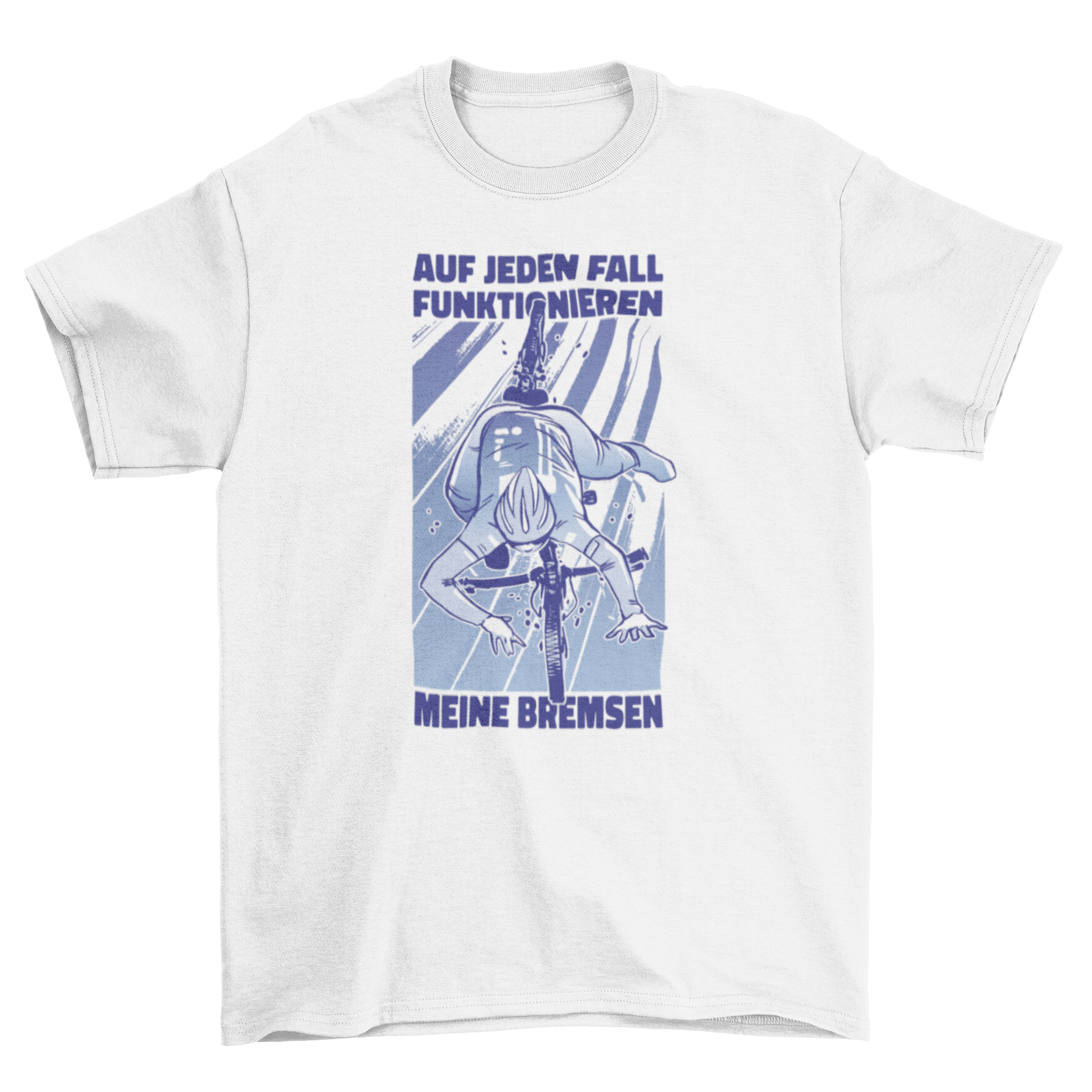 A humorous t-shirt design featuring a man falling off his bike with a German quote about brakes.