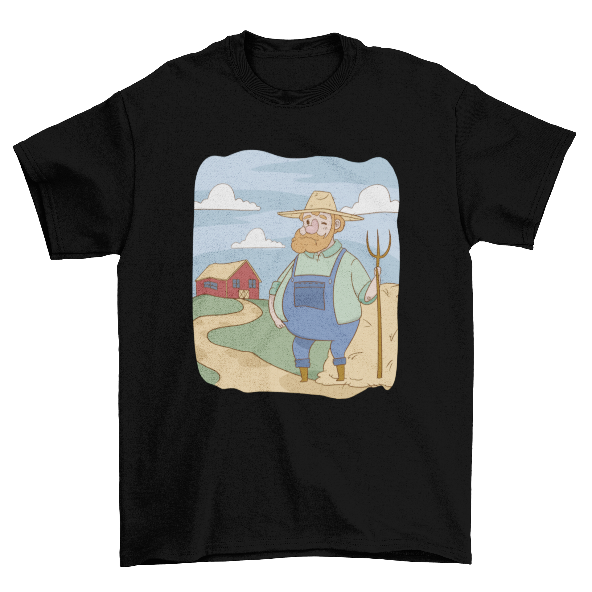 A colorful cartoon t-shirt featuring a farmer standing in front of a barn, showcasing a playful rural design.