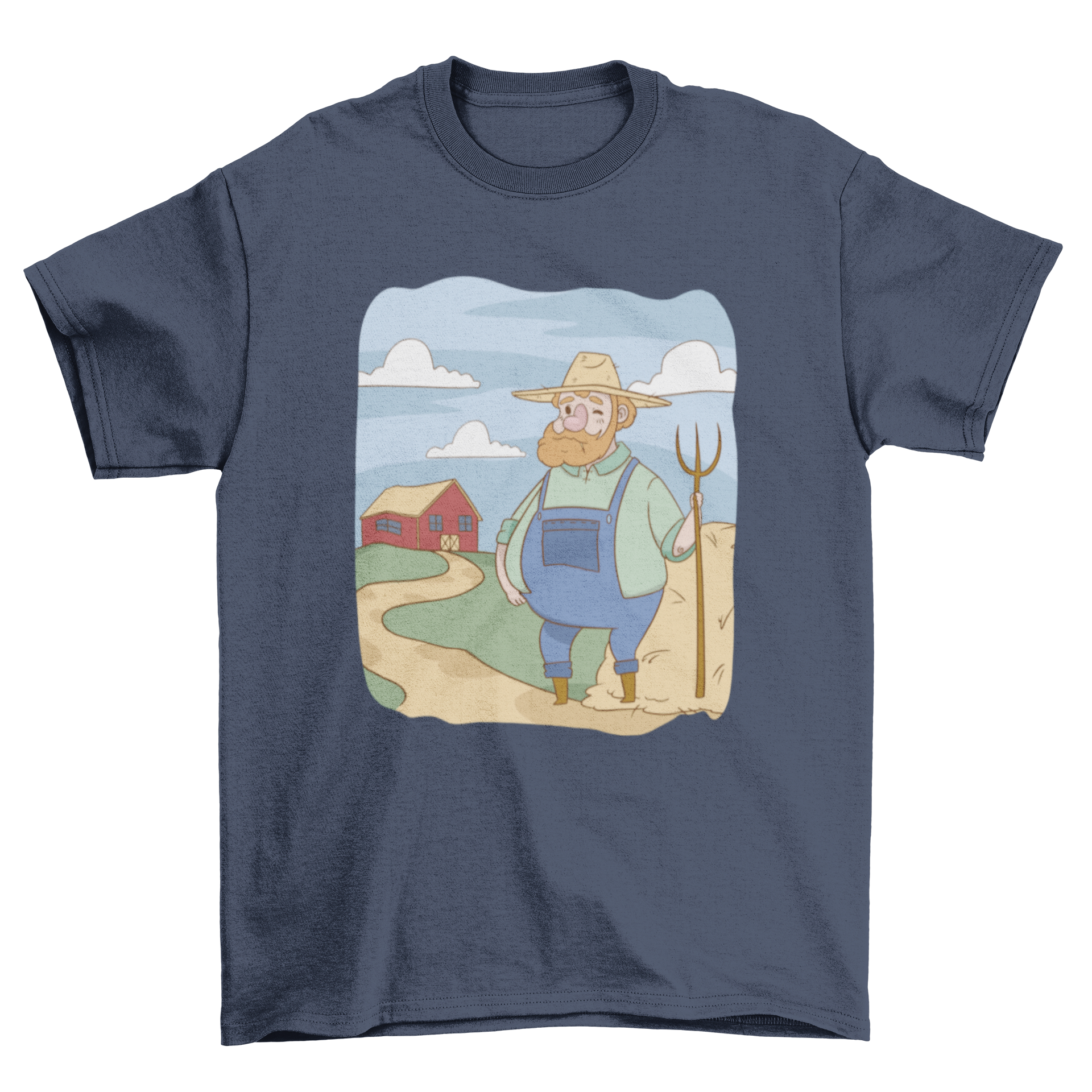 A colorful cartoon t-shirt featuring a farmer standing in front of a barn, showcasing a playful rural design.