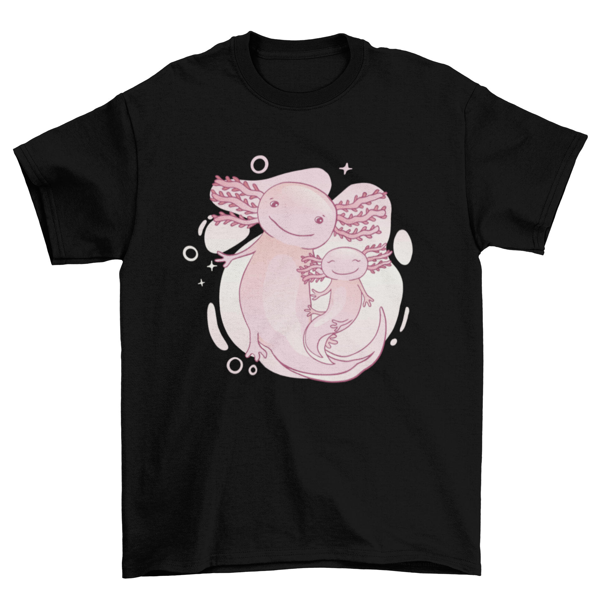 A cute family of axolotls illustrated on a t-shirt, showcasing their playful nature.