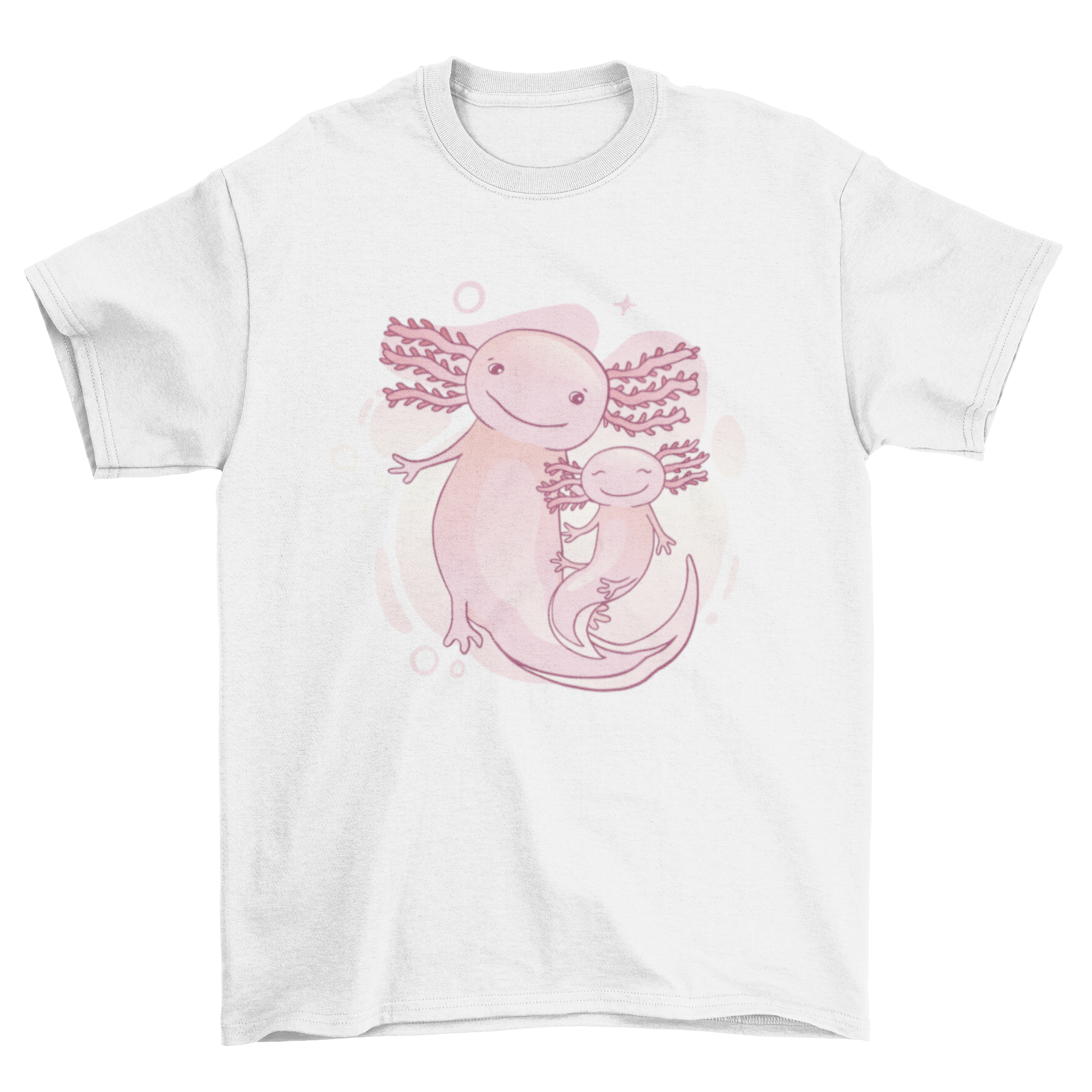 A cute family of axolotls illustrated on a t-shirt, showcasing their playful nature.