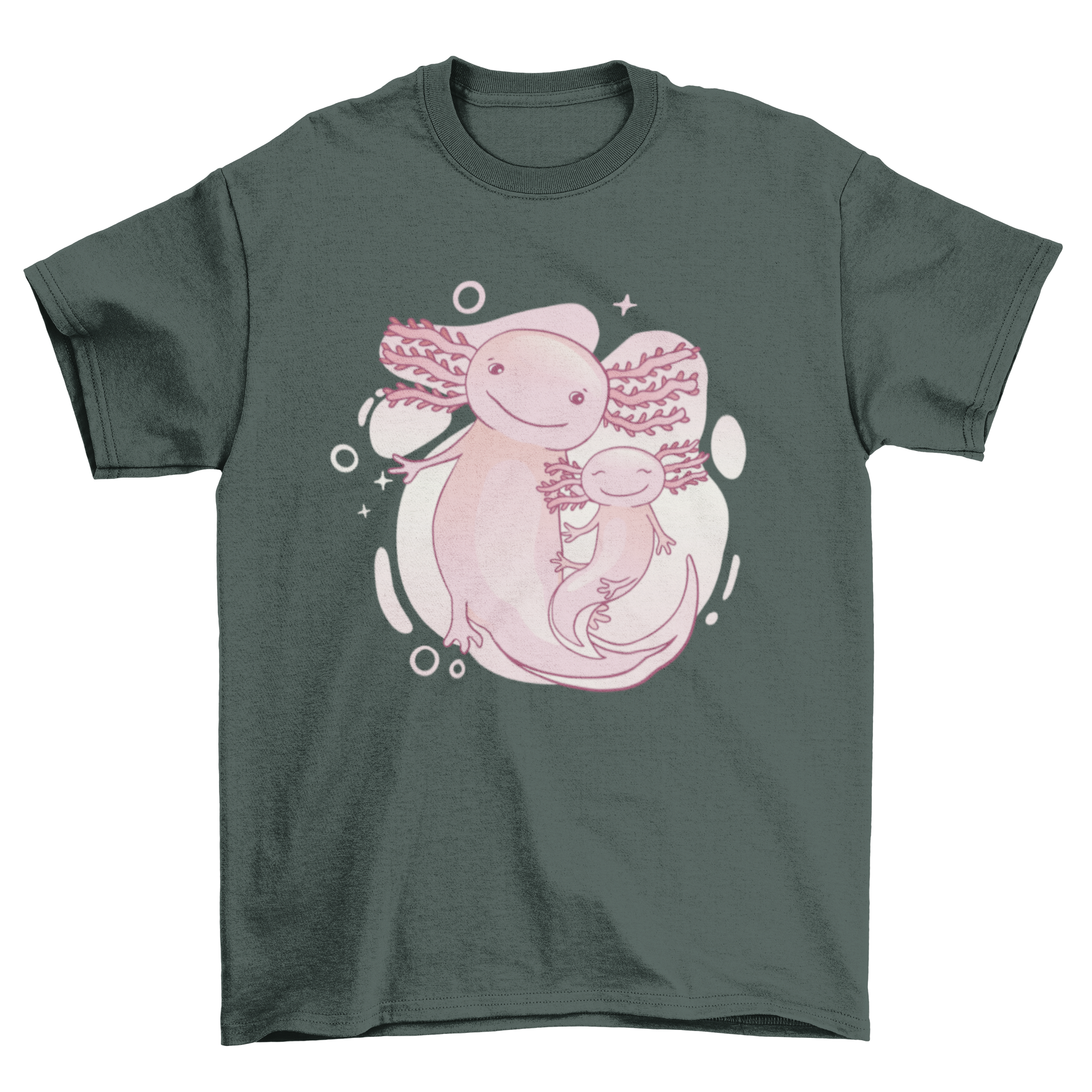 A cute family of axolotls illustrated on a t-shirt, showcasing their playful nature.